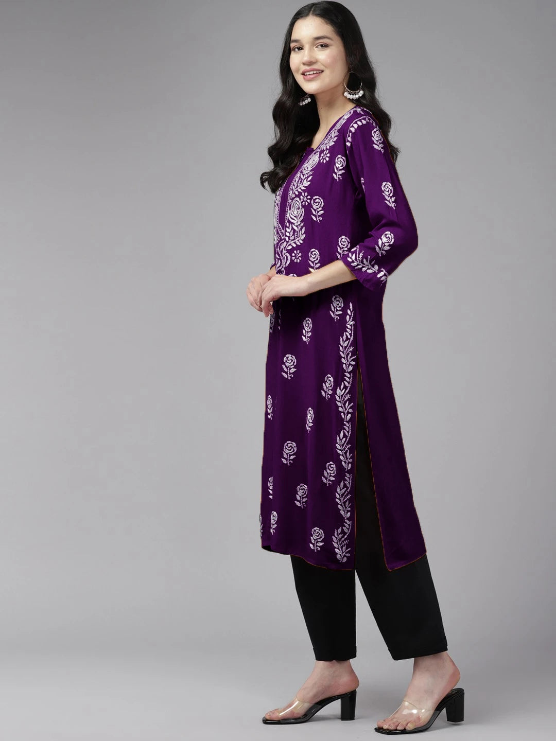 Ada Hand Embroidered Purple Rayon Lucknowi Chikankari Straight Kurta A411536