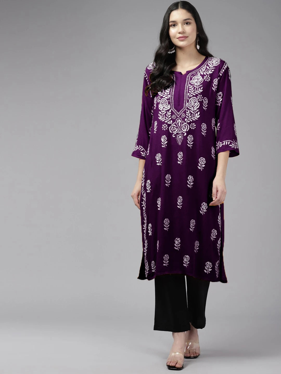 Ada Hand Embroidered Purple Rayon Lucknowi Chikankari Straight Kurta A411536