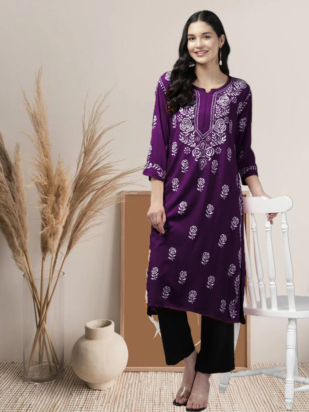 Ada Hand Embroidered Purple Rayon Lucknowi Chikankari Straight Kurta A411536