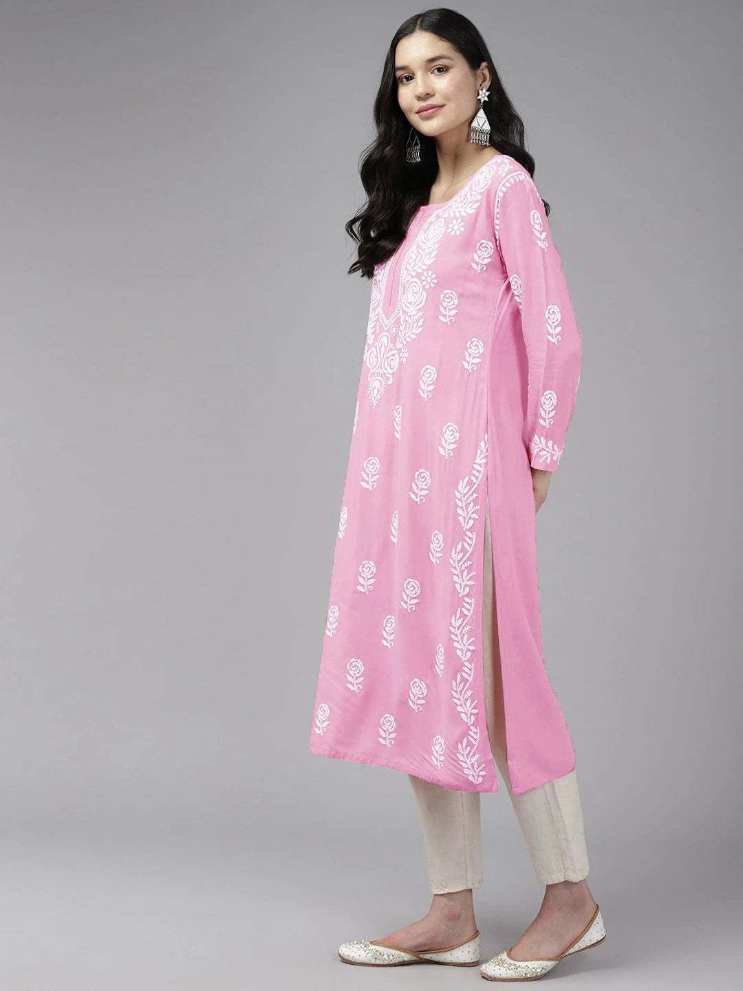 Ada Hand Embroidered Pink Rayon Lucknowi Chikankari Straight Kurta A411563