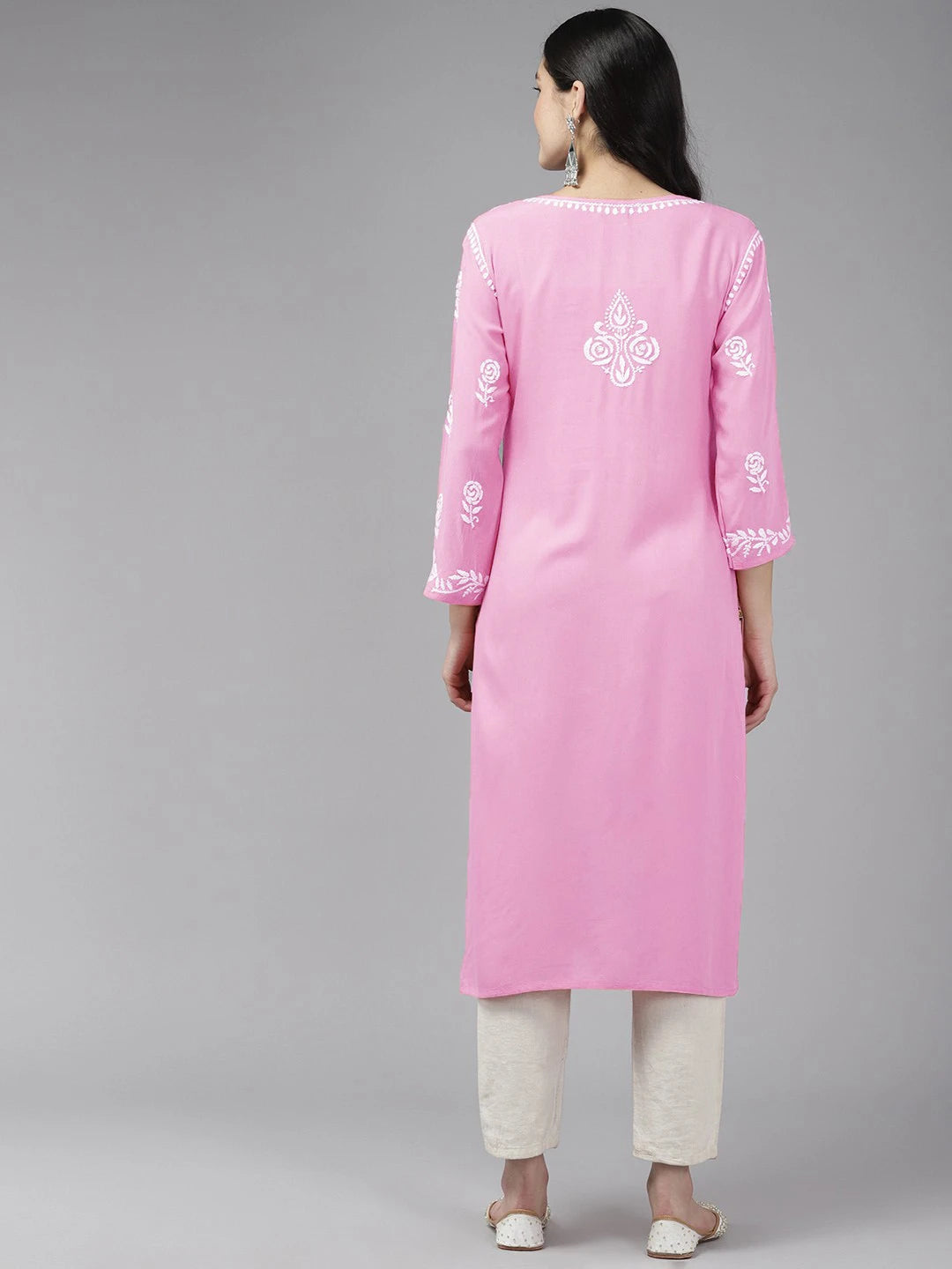 Ada Hand Embroidered Pink Rayon Lucknowi Chikankari Straight Kurta A411563