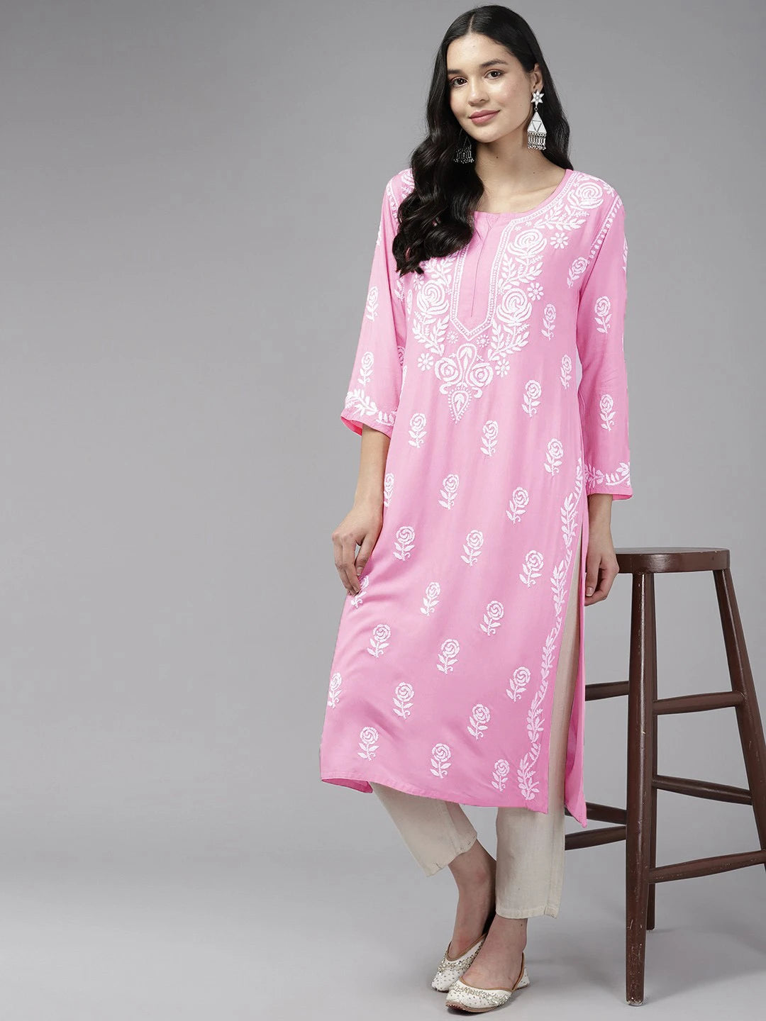 Ada Hand Embroidered Pink Rayon Lucknowi Chikankari Straight Kurta A411563