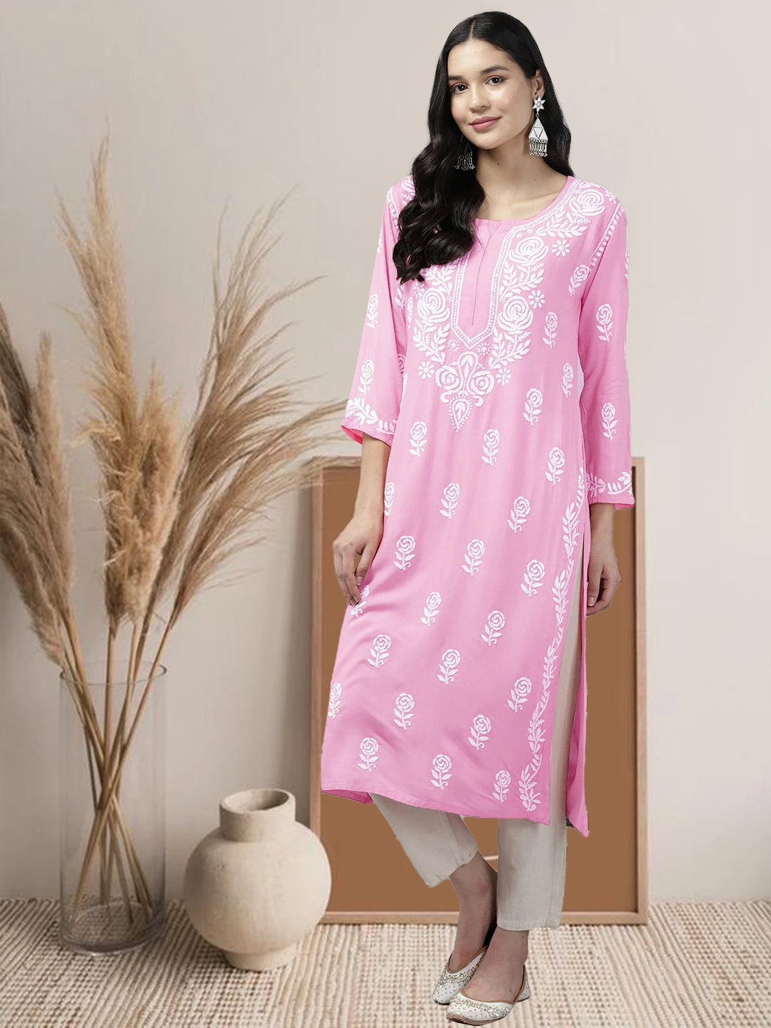 Ada Hand Embroidered Pink Rayon Lucknowi Chikankari Straight Kurta A411563