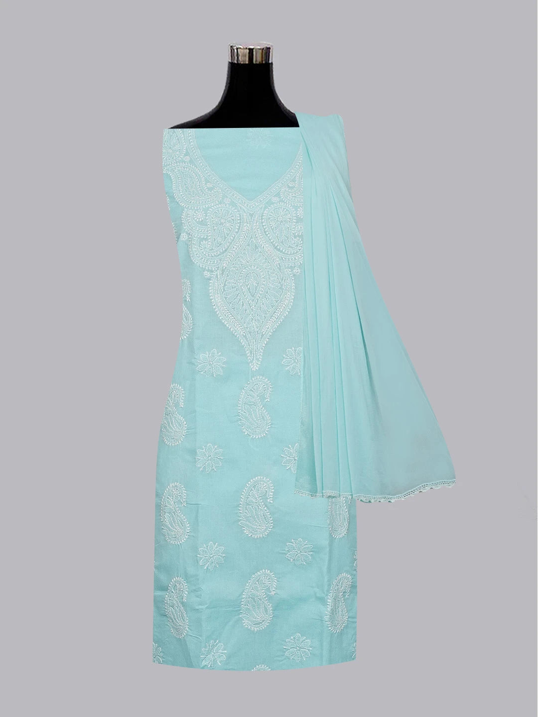 Ada Hand Embroidered Blue Cotton Lucknowi Chikankari Unstitched Suit Set 01A558538