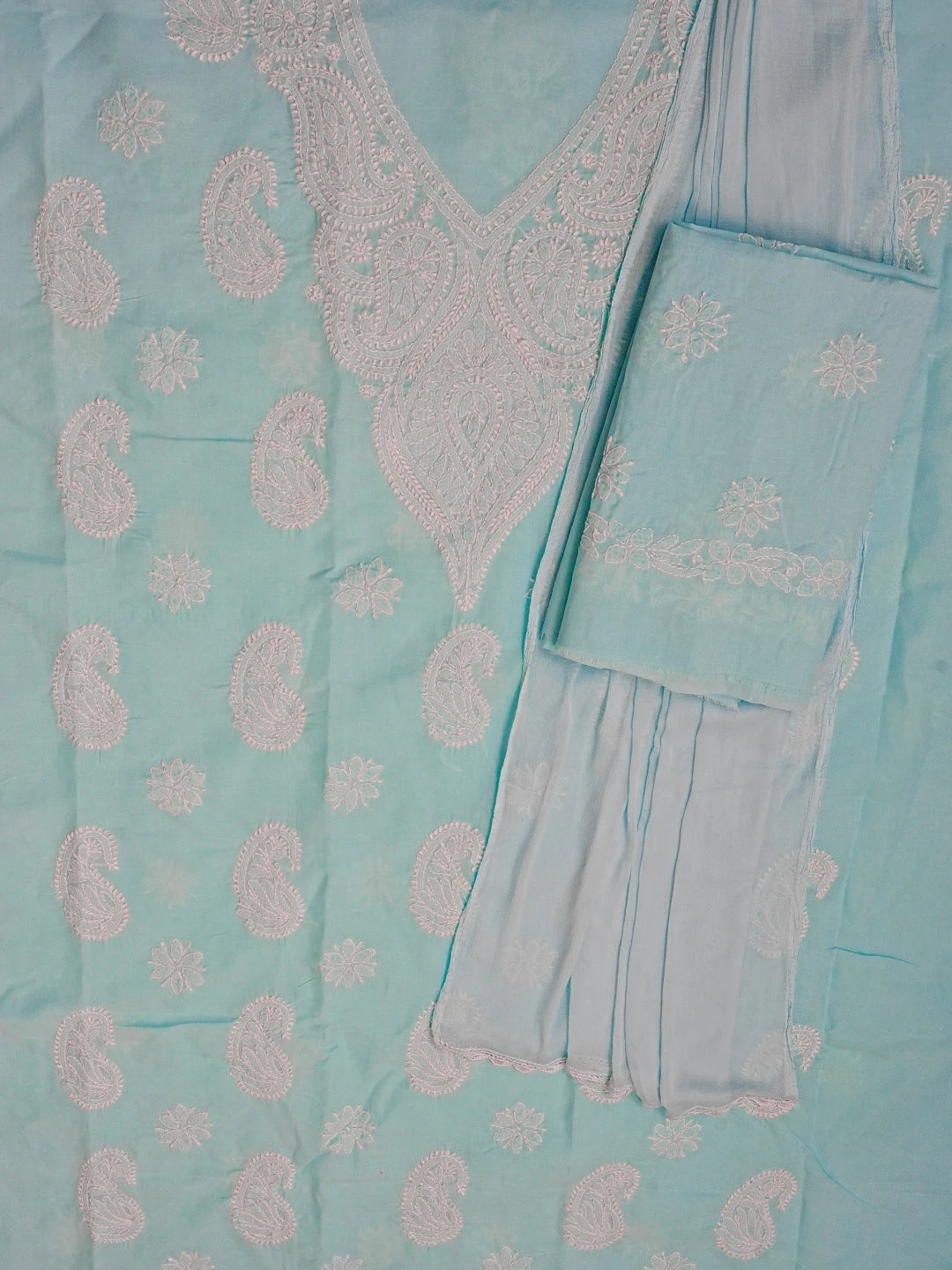 Ada Hand Embroidered Blue Cotton Lucknowi Chikankari Unstitched Suit Set 01A558538