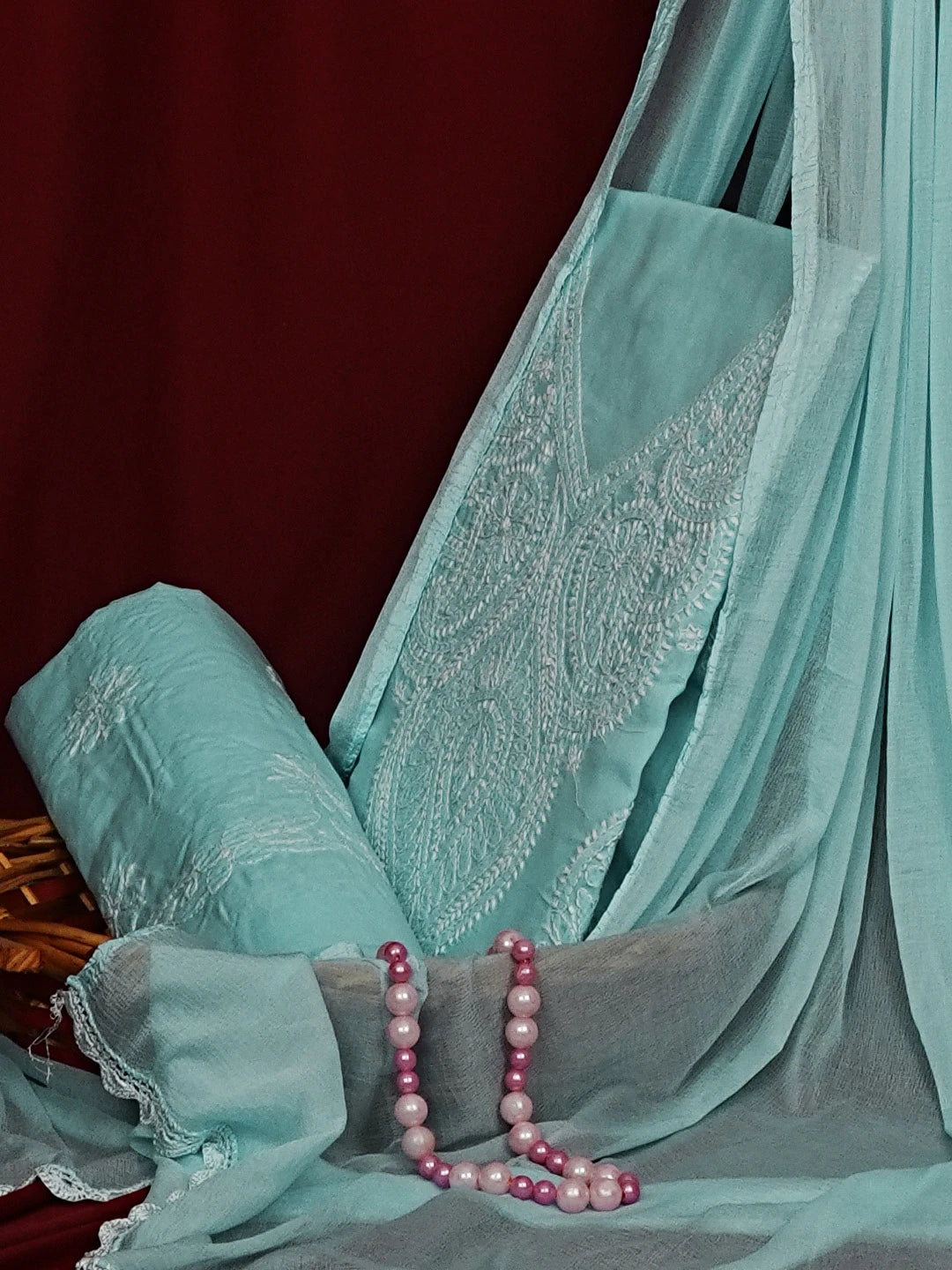 Ada Hand Embroidered Blue Cotton Lucknowi Chikankari Unstitched Suit Set 01A558538