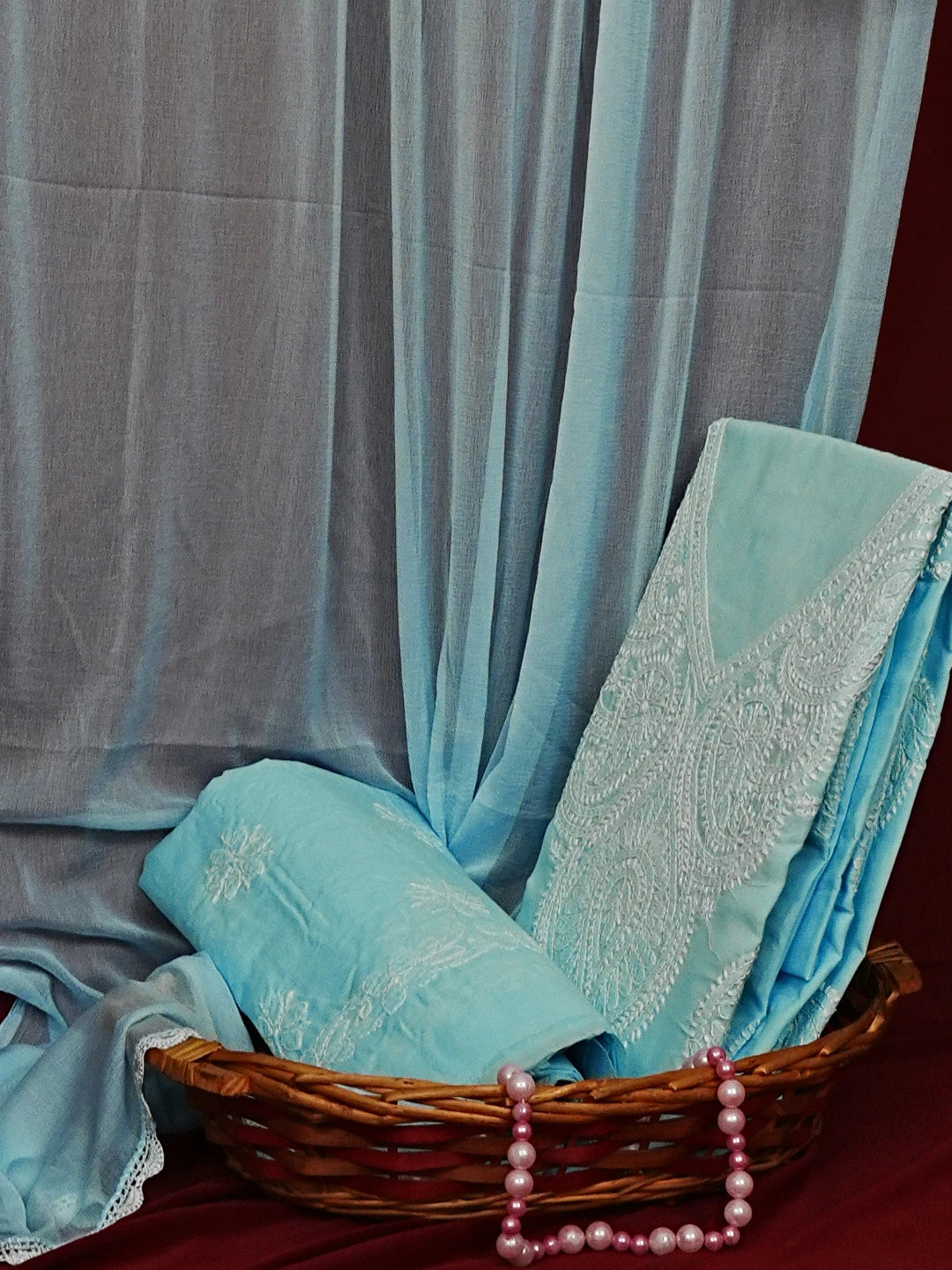 Ada Hand Embroidered Blue Cotton Lucknowi Chikankari Unstitched Suit Set 01A558538