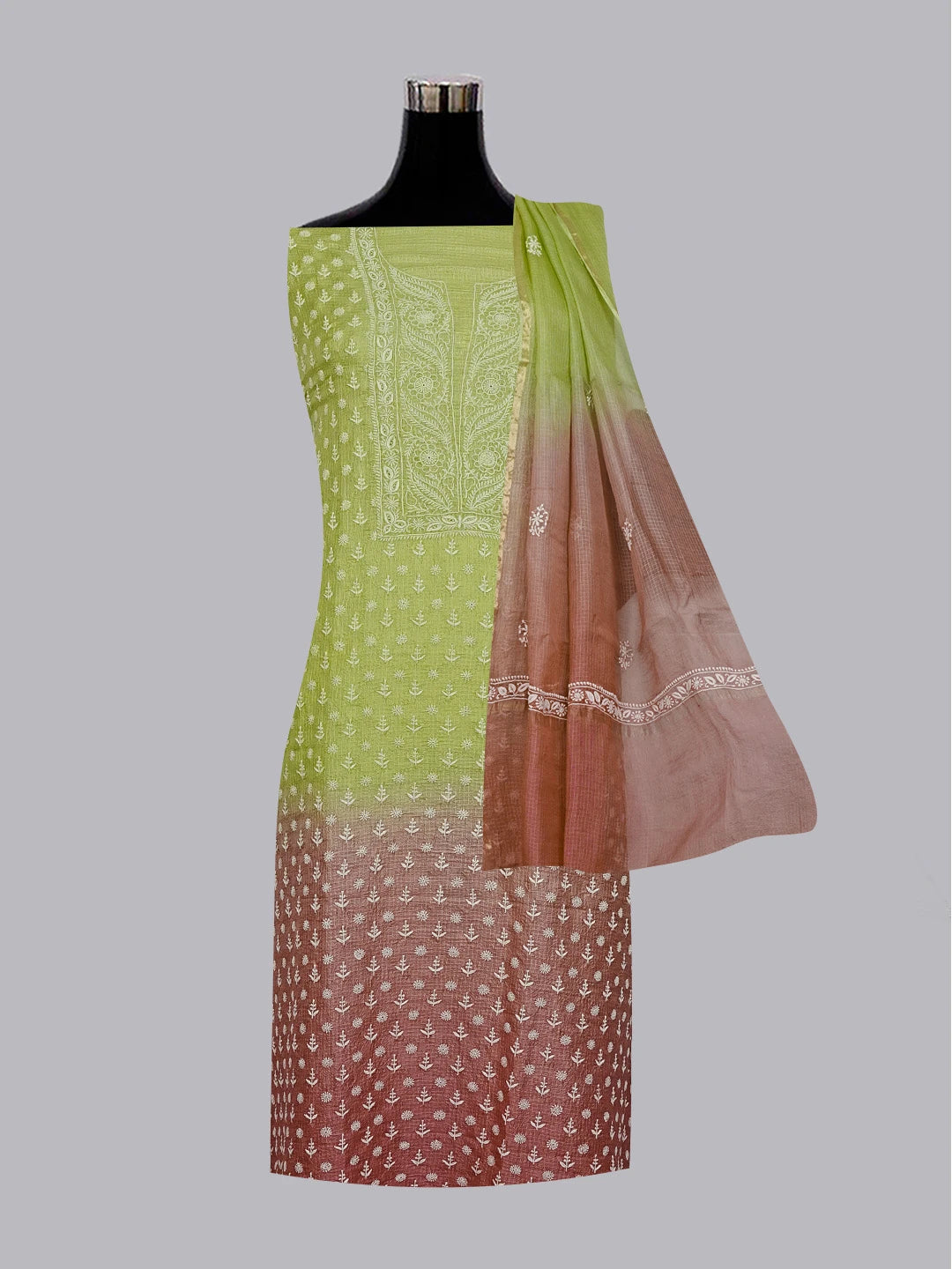 Ada Hand Embroidered Green & Onion Pink Silk Lucknowi Chikankari Unstitched Kurta Dupatta Set 01A564004