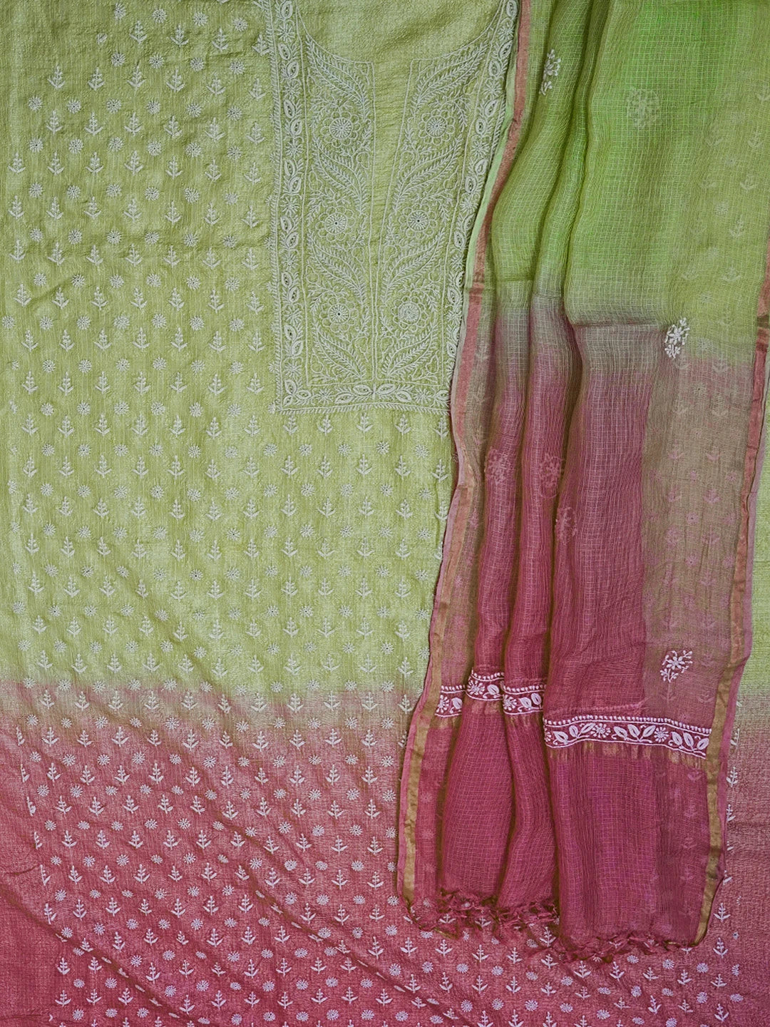 Ada Hand Embroidered Green & Onion Pink Silk Lucknowi Chikankari Unstitched Kurta Dupatta Set 01A564004