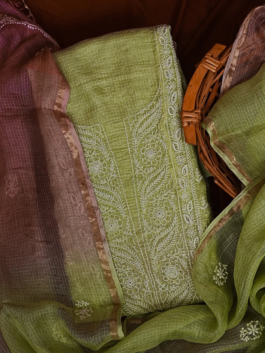 Ada Hand Embroidered Green & Onion Pink Silk Lucknowi Chikankari Unstitched Kurta Dupatta Set 01A564004