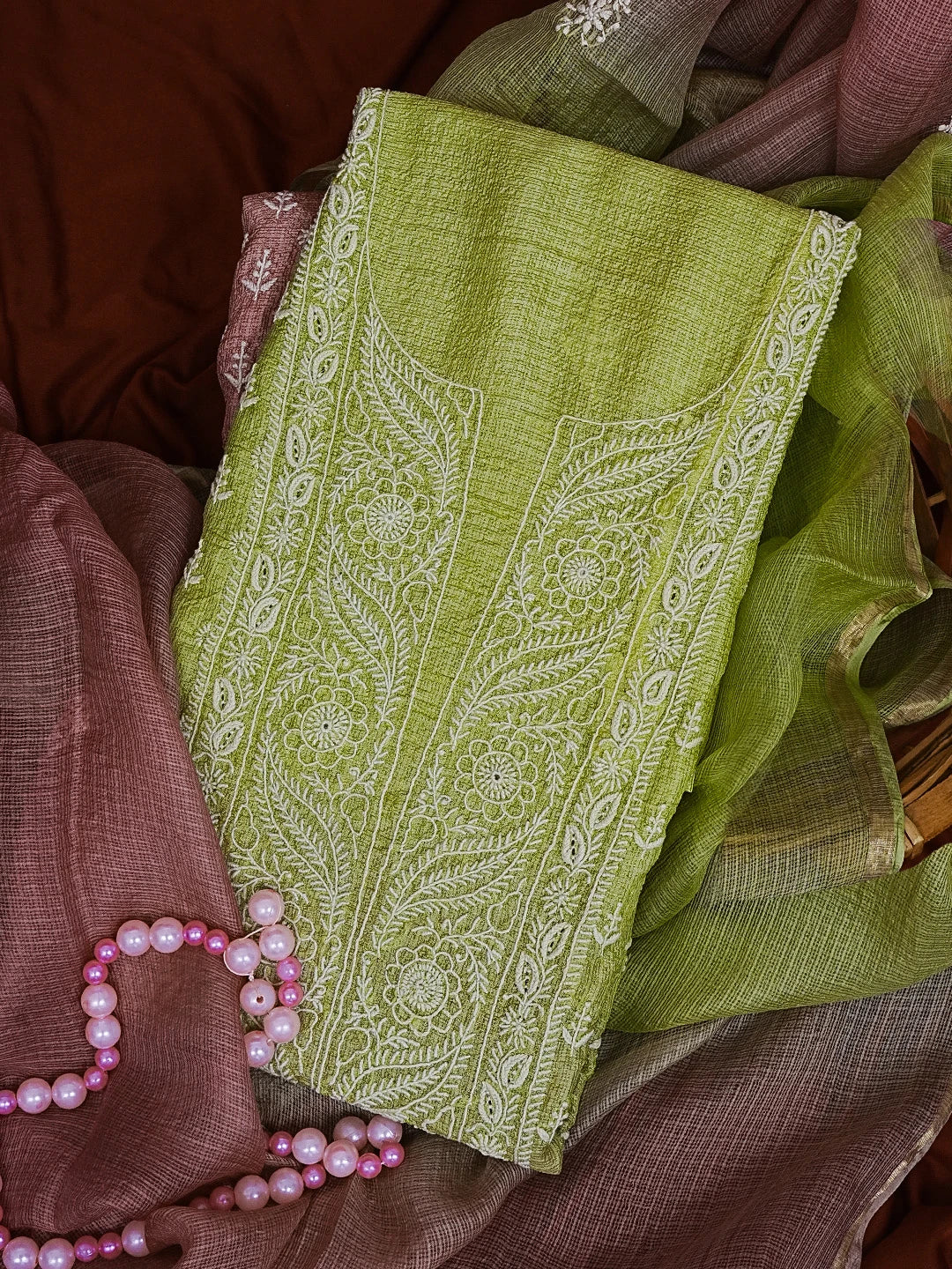 Ada Hand Embroidered Green & Onion Pink Silk Lucknowi Chikankari Unstitched Kurta Dupatta Set 01A564004