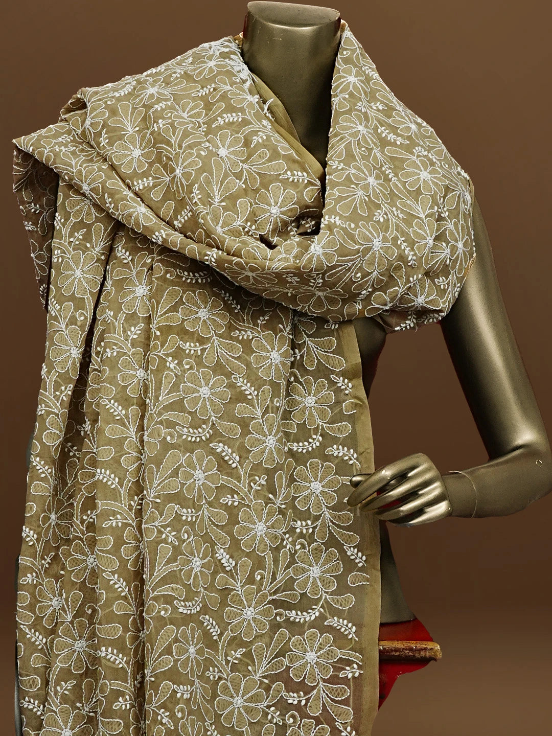 Ada Hand Embroidered Camel Brown Cotton Lucknowi Chikankari Dupatta 01A562379