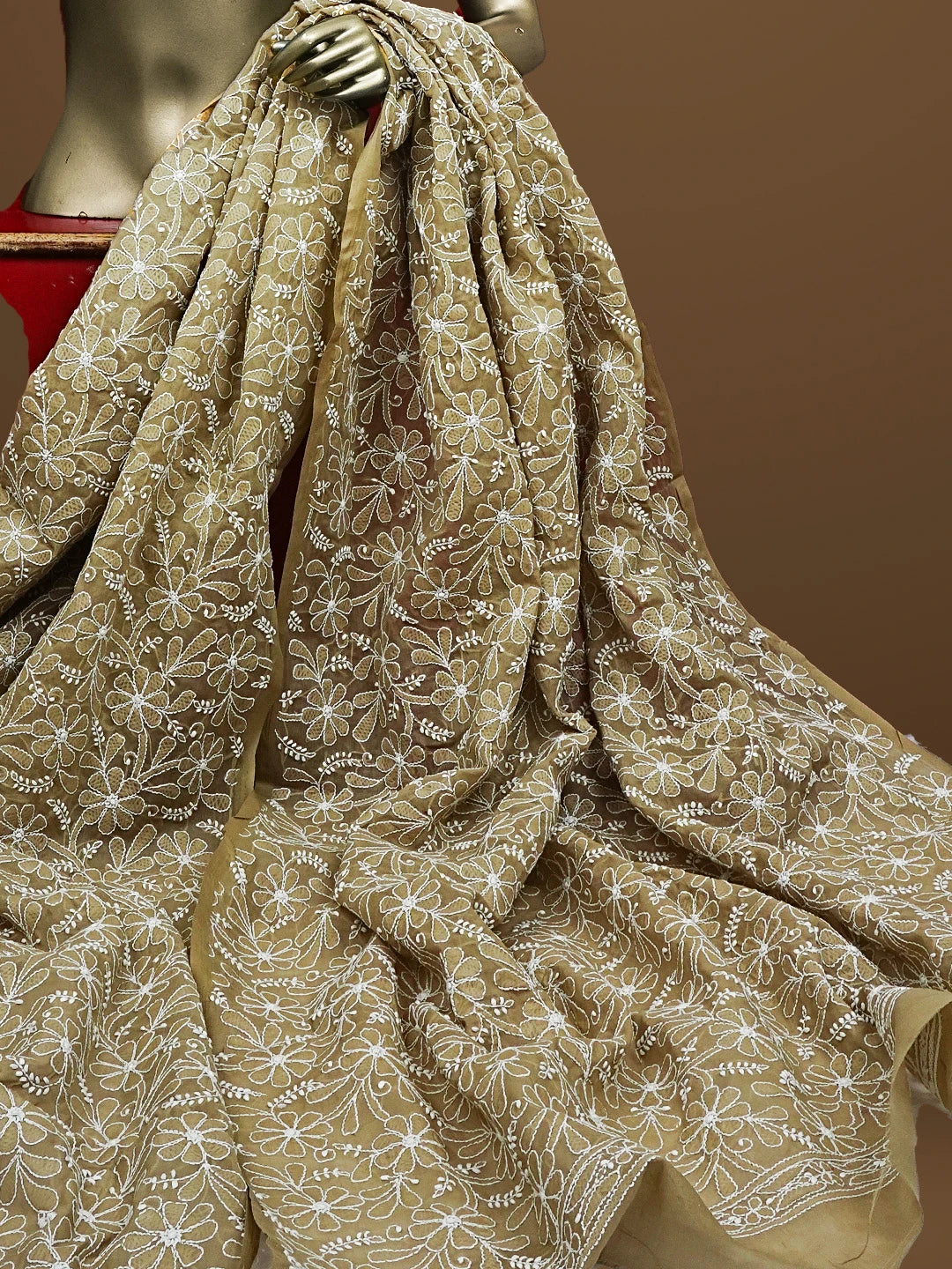 Ada Hand Embroidered Camel Brown Cotton Lucknowi Chikankari Dupatta 01A562379
