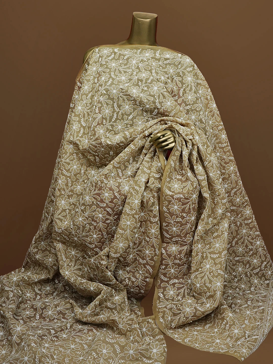 Ada Hand Embroidered Camel Brown Cotton Lucknowi Chikankari Dupatta 01A562379