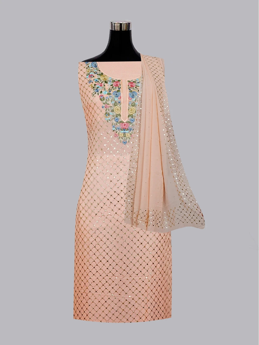 Ada Hand Embroidered Peach Viscose Georgette Lucknowi Chikankari Unstitched Kurta Dupatta Set With Parsi Work 01A563924