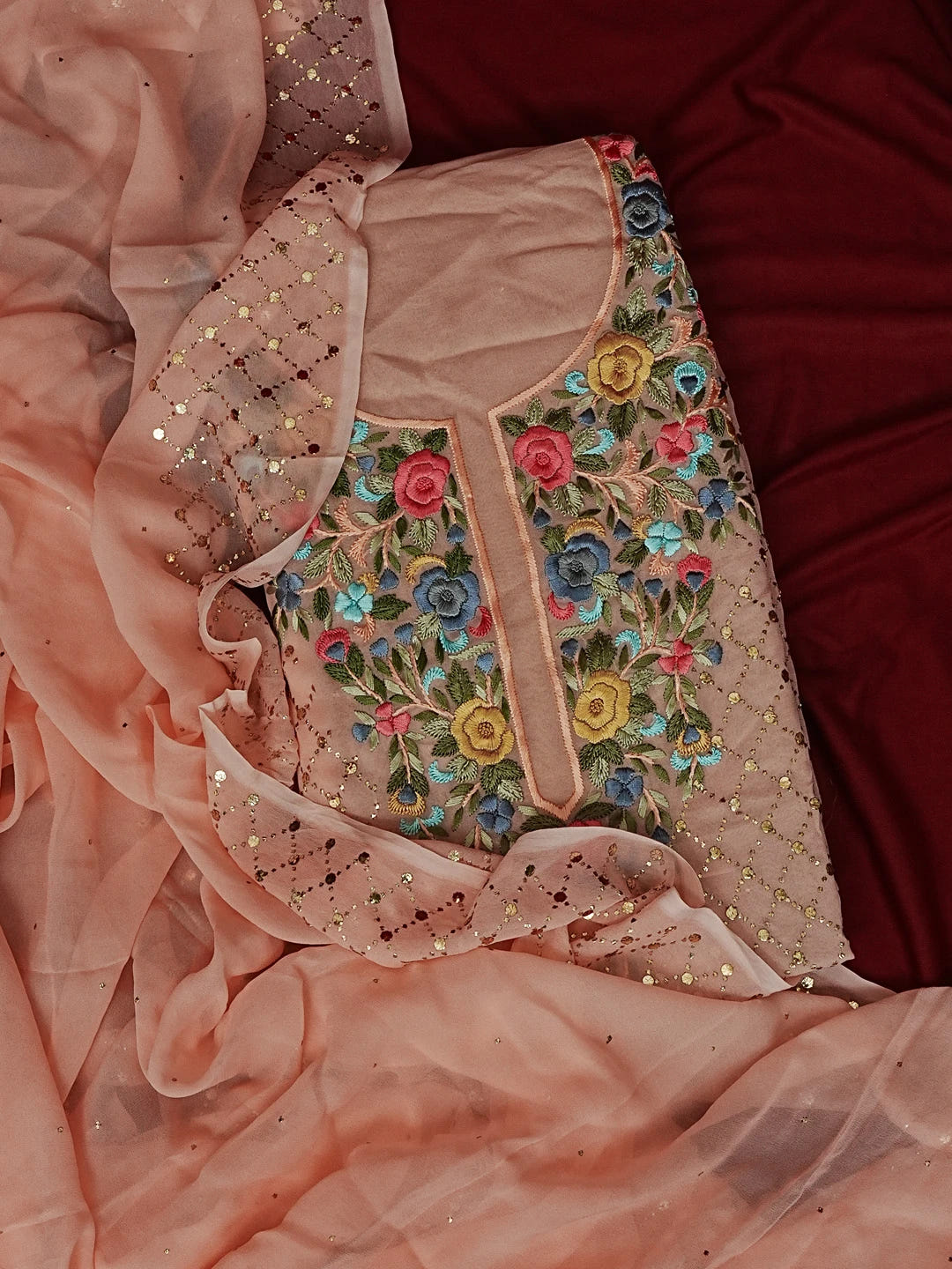 Ada Hand Embroidered Peach Viscose Georgette Lucknowi Chikankari Unstitched Kurta Dupatta Set With Parsi Work 01A563924