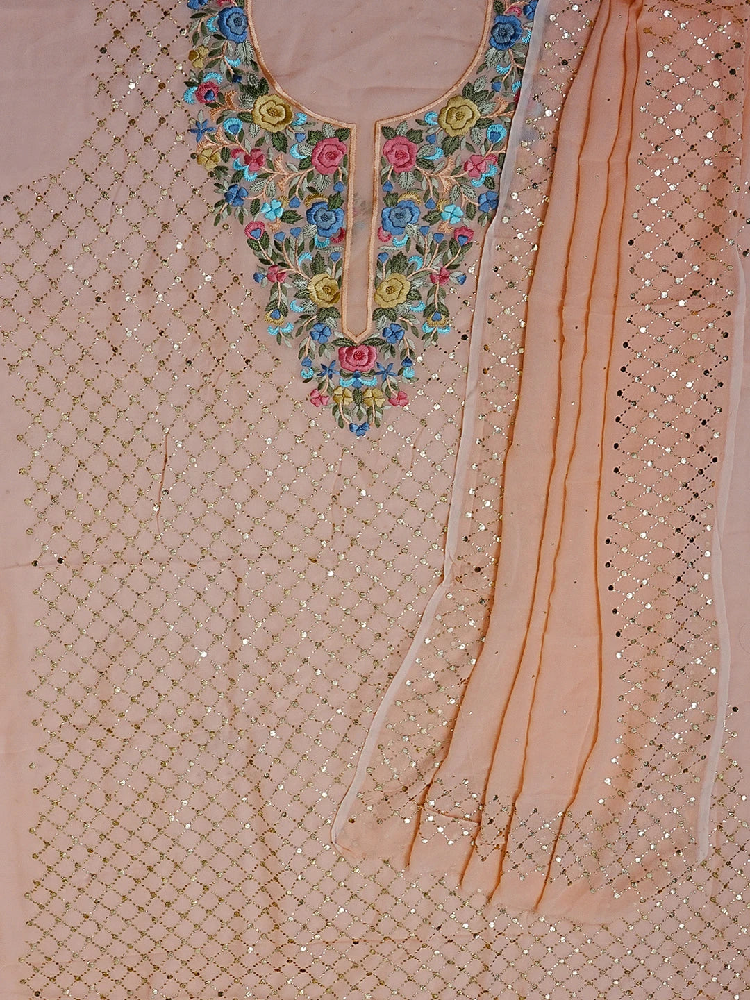 Ada Hand Embroidered Peach Viscose Georgette Lucknowi Chikankari Unstitched Kurta Dupatta Set With Parsi Work 01A563924