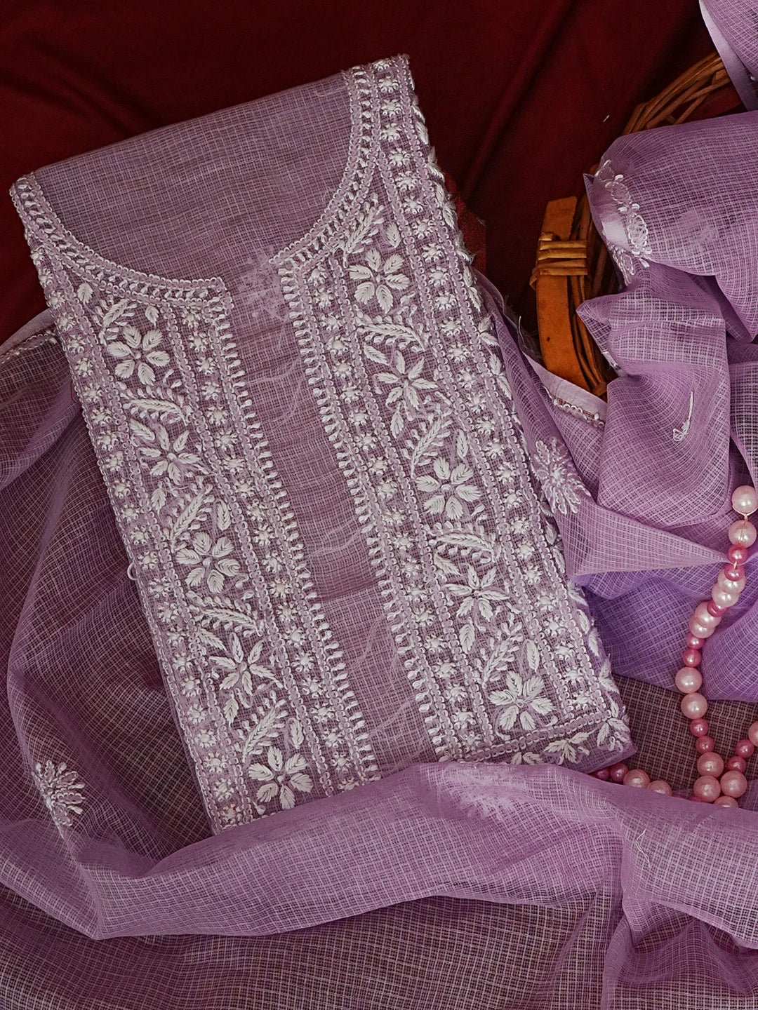 Ada Hand Embroidered Mauve Kota Lucknowi Chikankari Unstitched Kurta Dupatta Set 01A549035