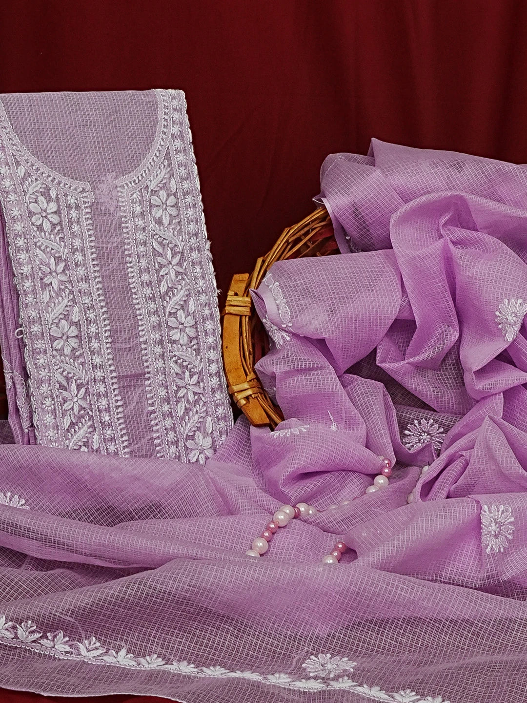Ada Hand Embroidered Mauve Kota Lucknowi Chikankari Unstitched Kurta Dupatta Set 01A549035