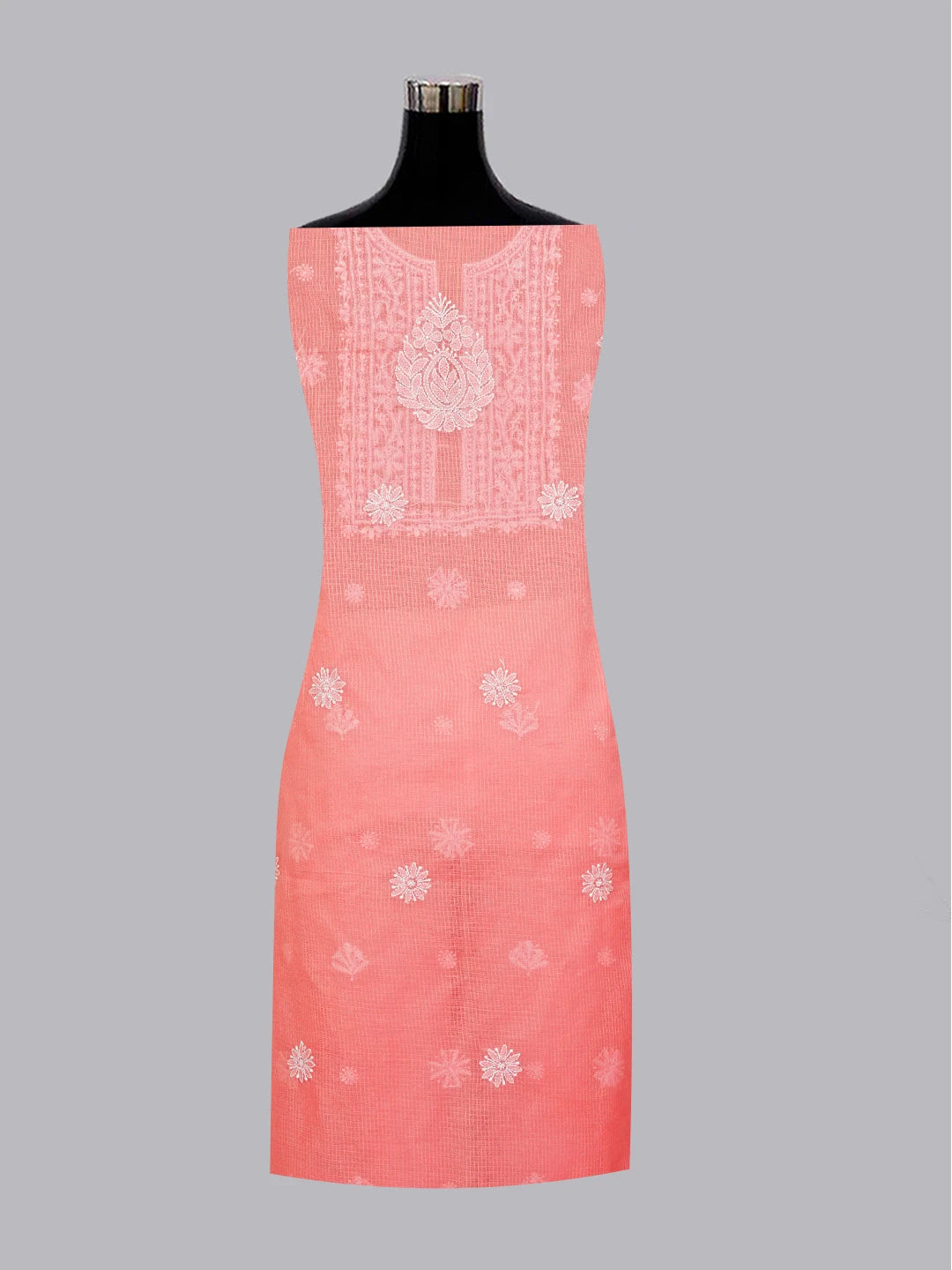 Ada Hand Embroidered Peach Pink Kota Lucknowi Chikankari Unstitched Kurta Dupatta Set 01A549065