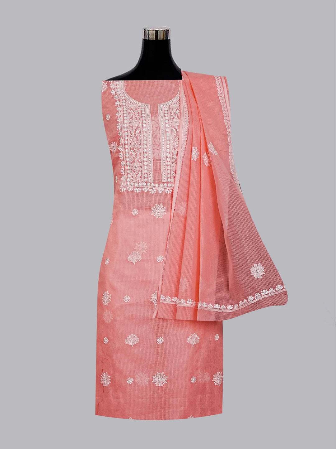 Ada Hand Embroidered Peach Pink Kota Lucknowi Chikankari Unstitched Kurta Dupatta Set 01A549065