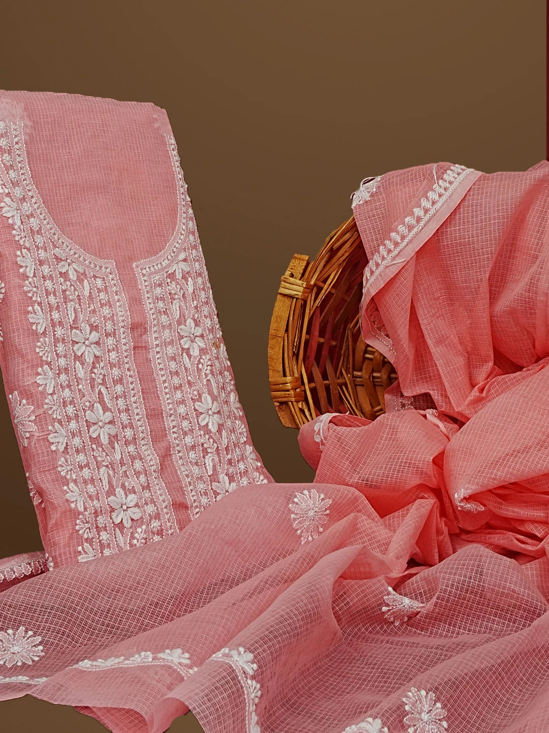 Ada Hand Embroidered Peach Pink Kota Lucknowi Chikankari Unstitched Kurta Dupatta Set 01A549065