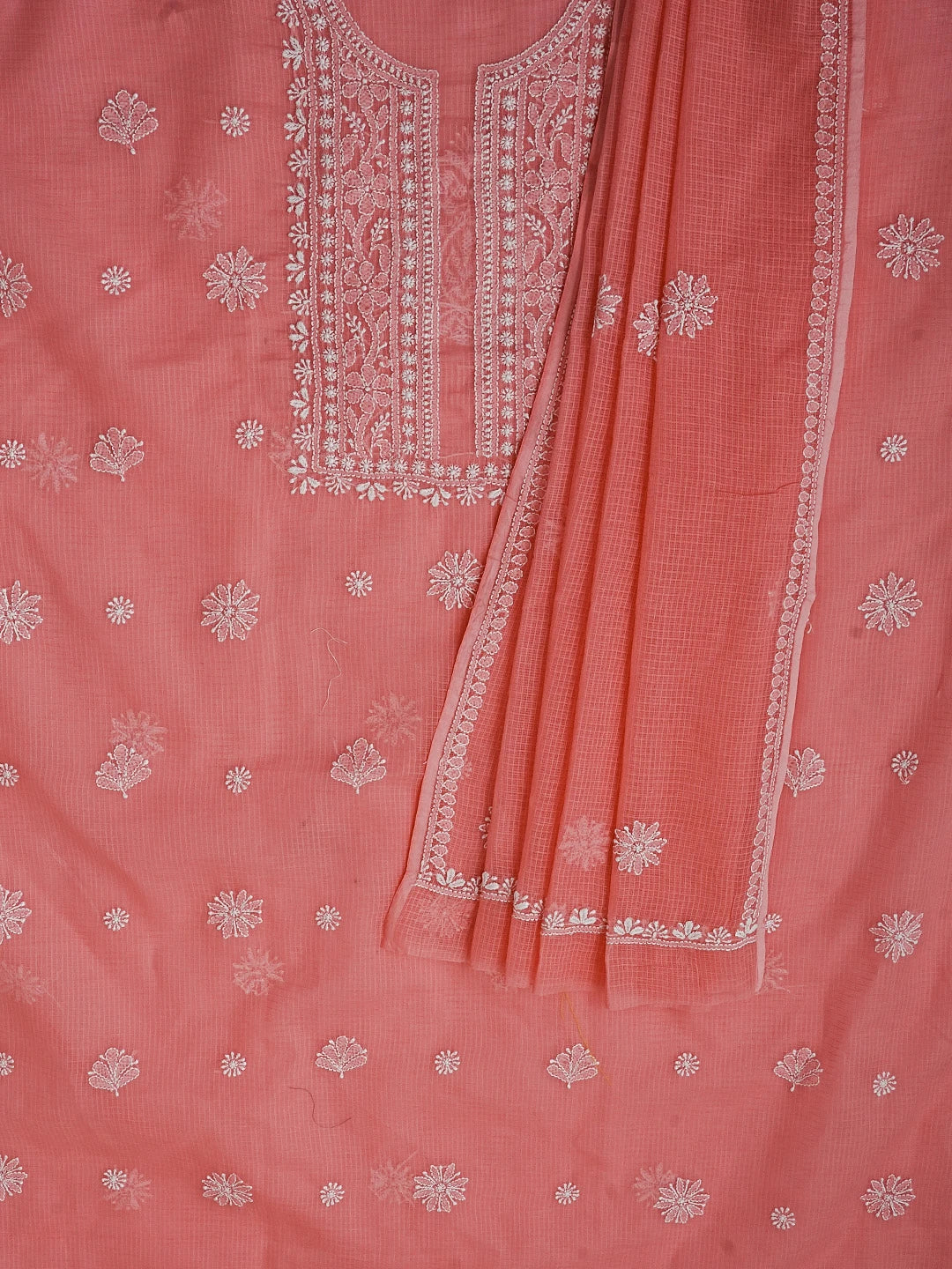 Ada Hand Embroidered Peach Pink Kota Lucknowi Chikankari Unstitched Kurta Dupatta Set 01A549065