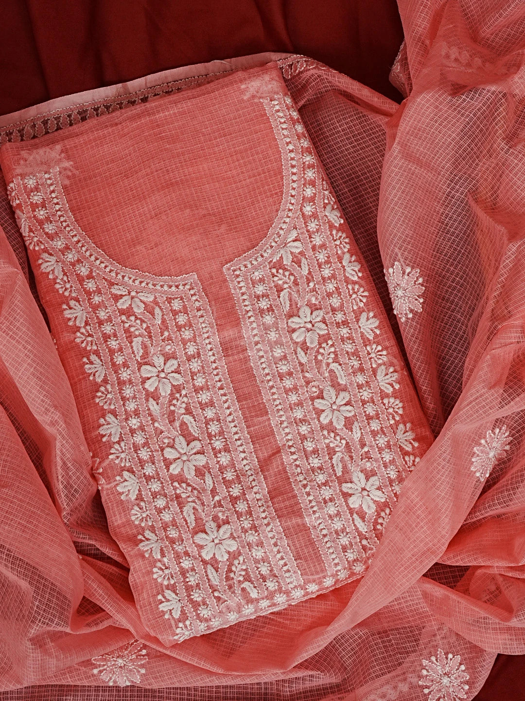 Ada Hand Embroidered Peach Pink Kota Lucknowi Chikankari Unstitched Kurta Dupatta Set 01A549065