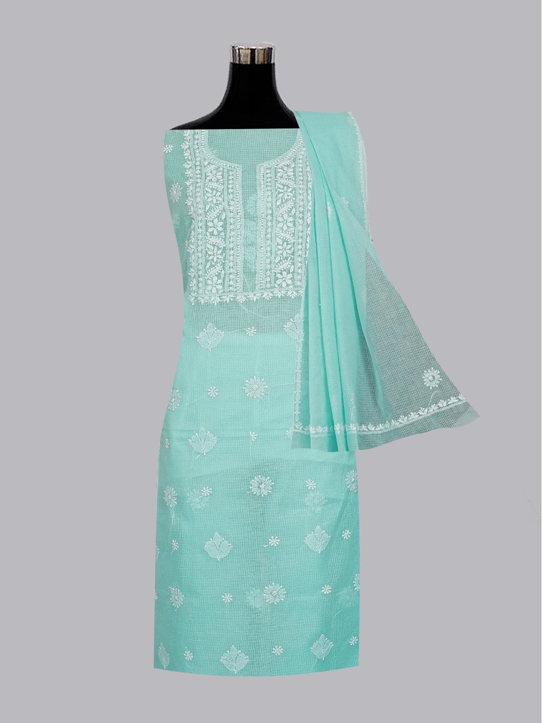 Ada Hand Embroidered Blue Kota Lucknowi Chikankari Unstitched Kurta Dupatta Set 01A548948