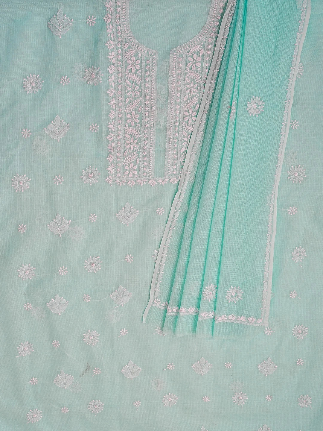 Ada Hand Embroidered Blue Kota Lucknowi Chikankari Unstitched Kurta Dupatta Set 01A548948