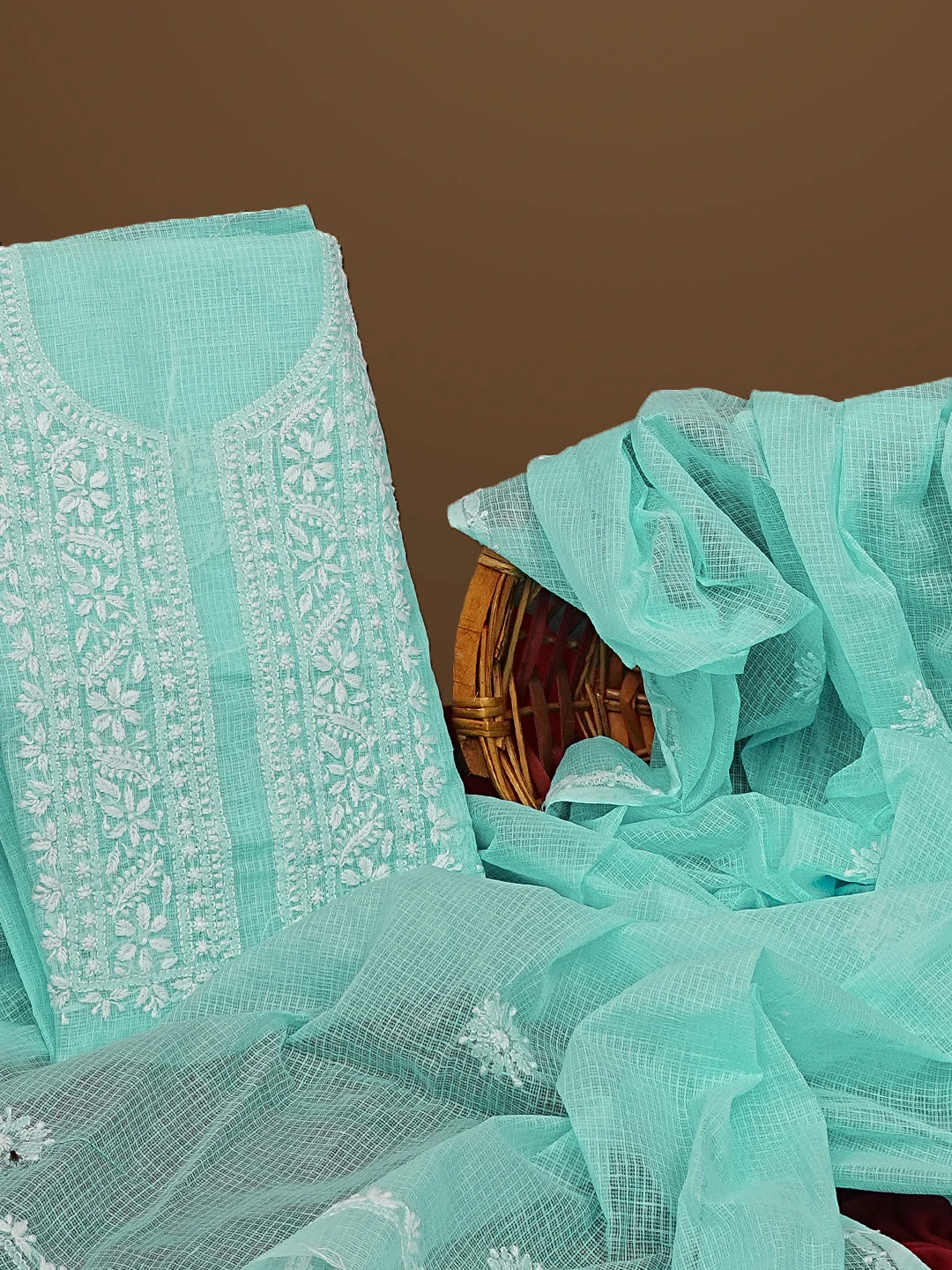 Ada Hand Embroidered Blue Kota Lucknowi Chikankari Unstitched Kurta Dupatta Set 01A548948