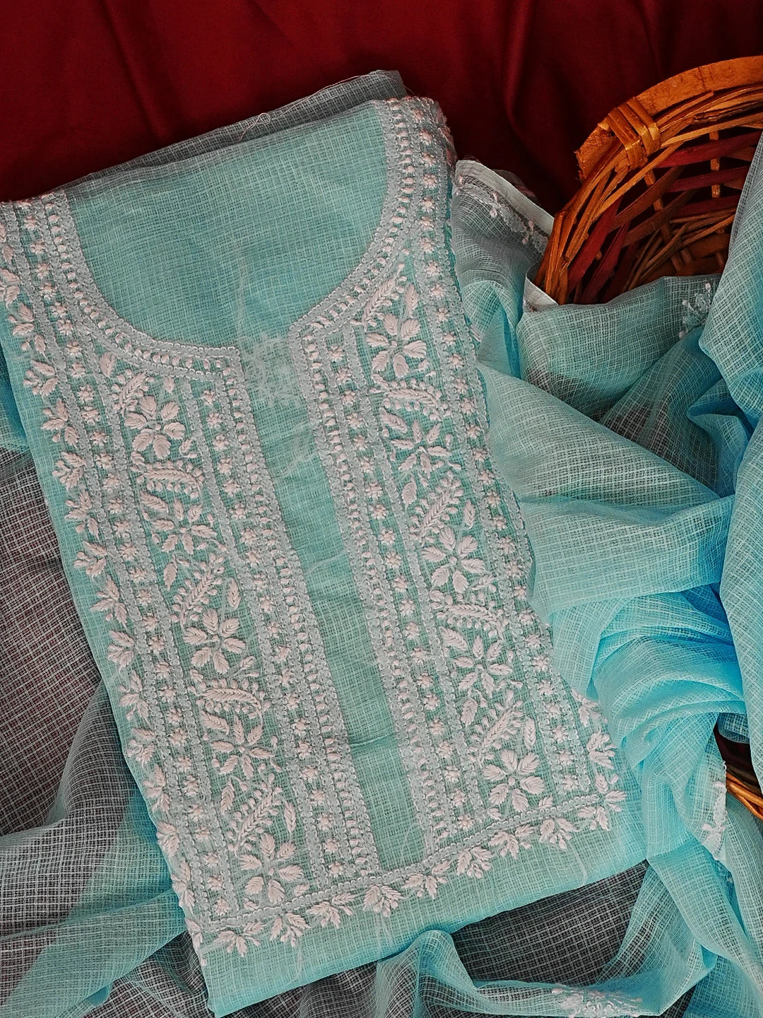 Ada Hand Embroidered Blue Kota Lucknowi Chikankari Unstitched Kurta Dupatta Set 01A548948