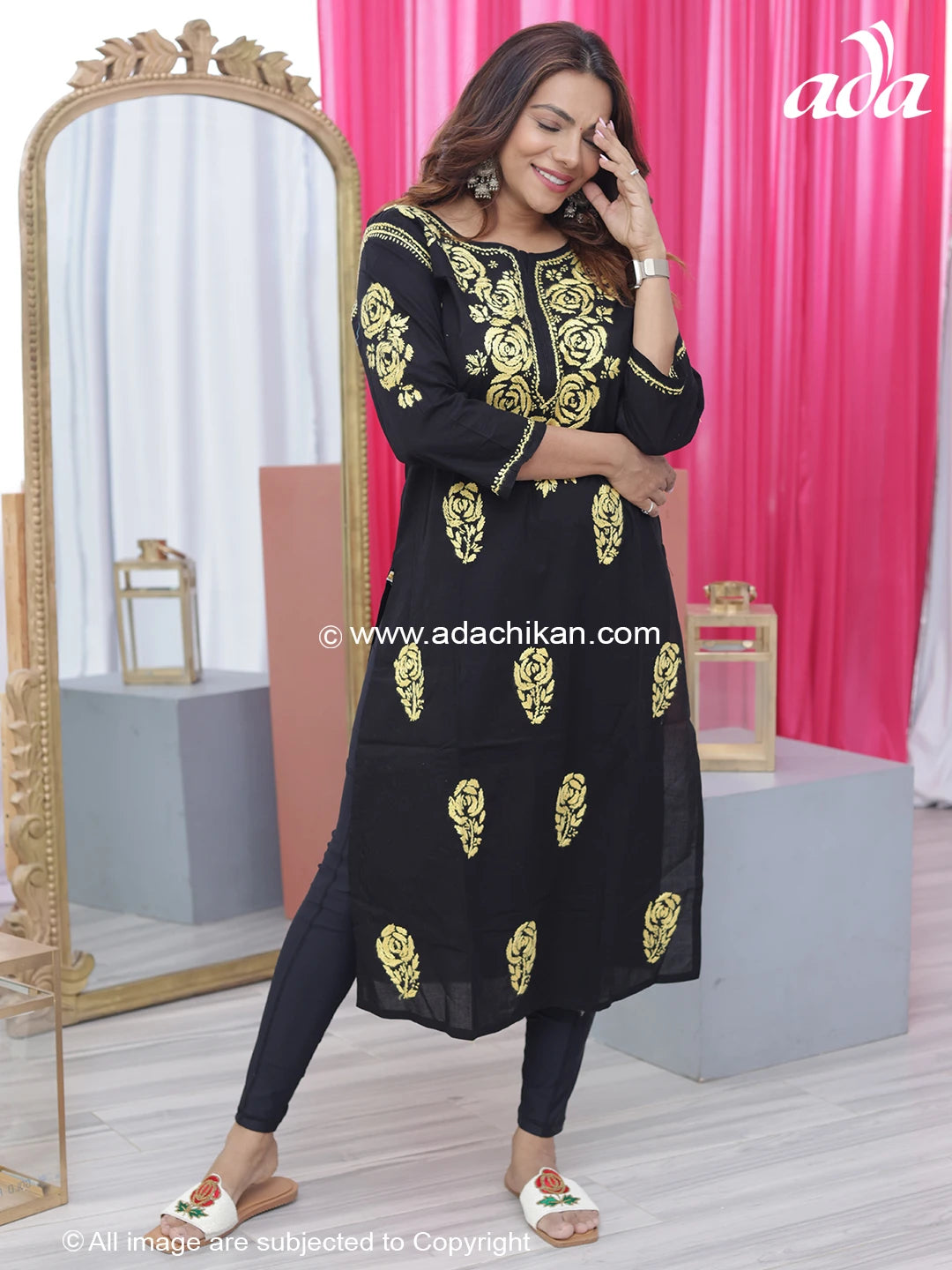Ada Hand Embroidered Black Cotton Lucknow Chikankari Straight Kurta A411286