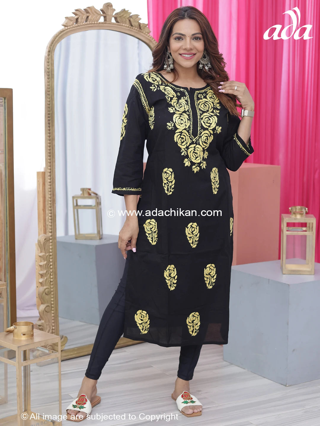Ada Hand Embroidered Black Cotton Lucknow Chikankari Straight Kurta A411286