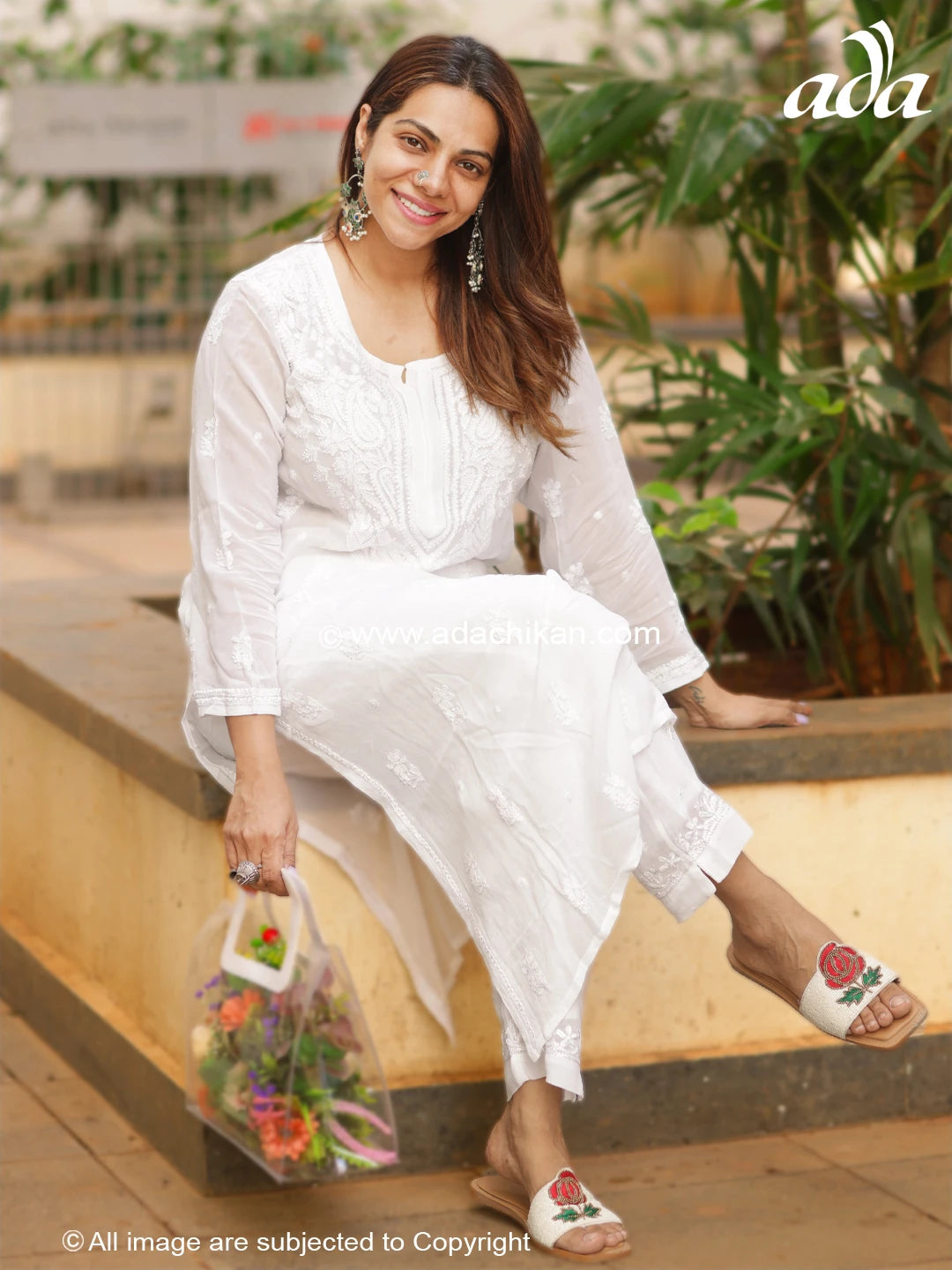 Ada Hand Embroidered White Georgette Lucknowi Chikankari Straight Kurta A411223