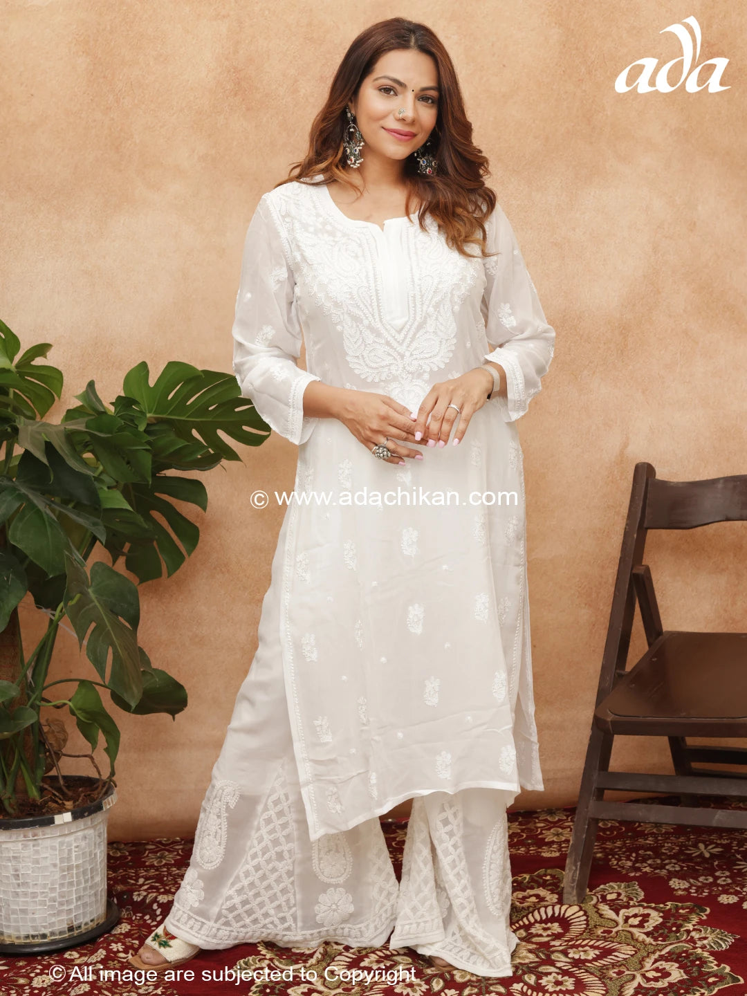 Ada Hand Embroidered White Georgette Lucknowi Chikankari Straight Kurta A411223