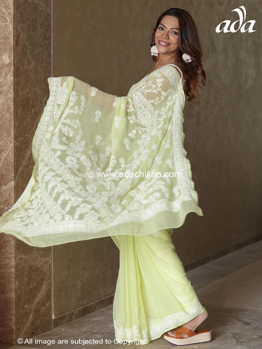 Ada Hand Embroidered Green Georgette Lucknow Chikan Saree With Blouse-A191630