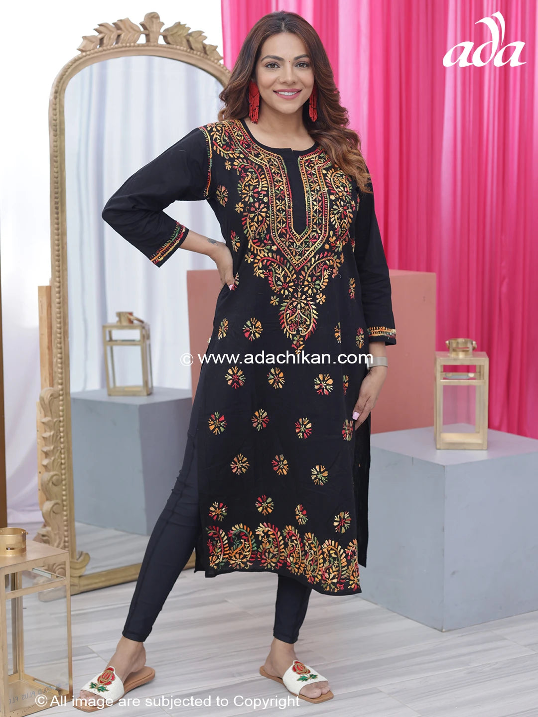 Ada Hand Embroidered Black Cotton Lucknowi Chikankari Straight Kurta A188048