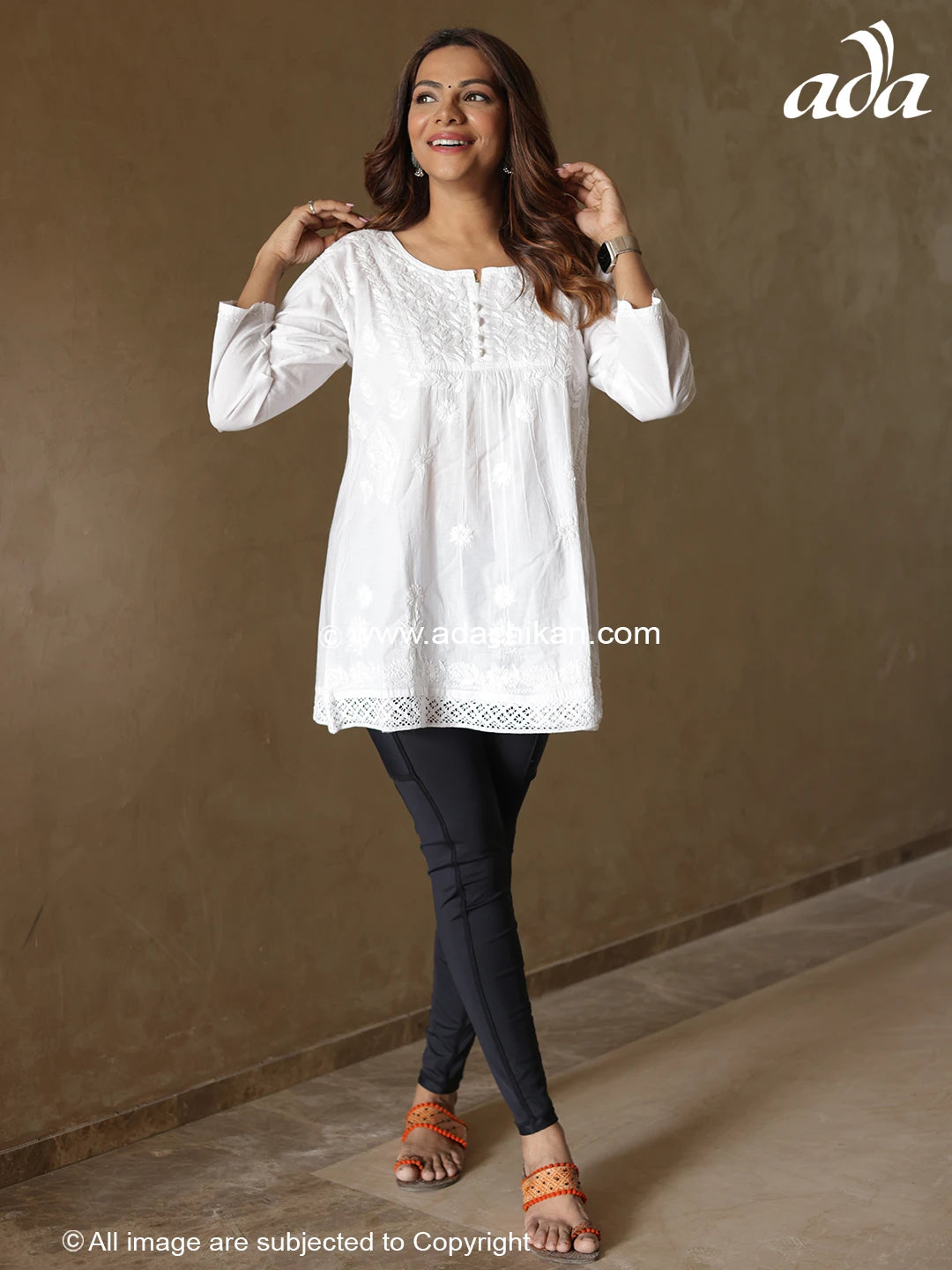 Ada Hand Embroidered White Cotton Lucknowi Chikankari Top A100384