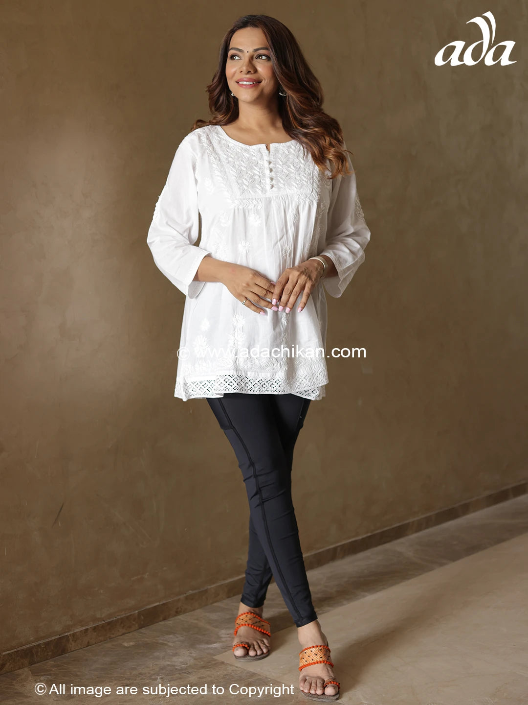 Ada Hand Embroidered White Cotton Lucknowi Chikankari Top A100384