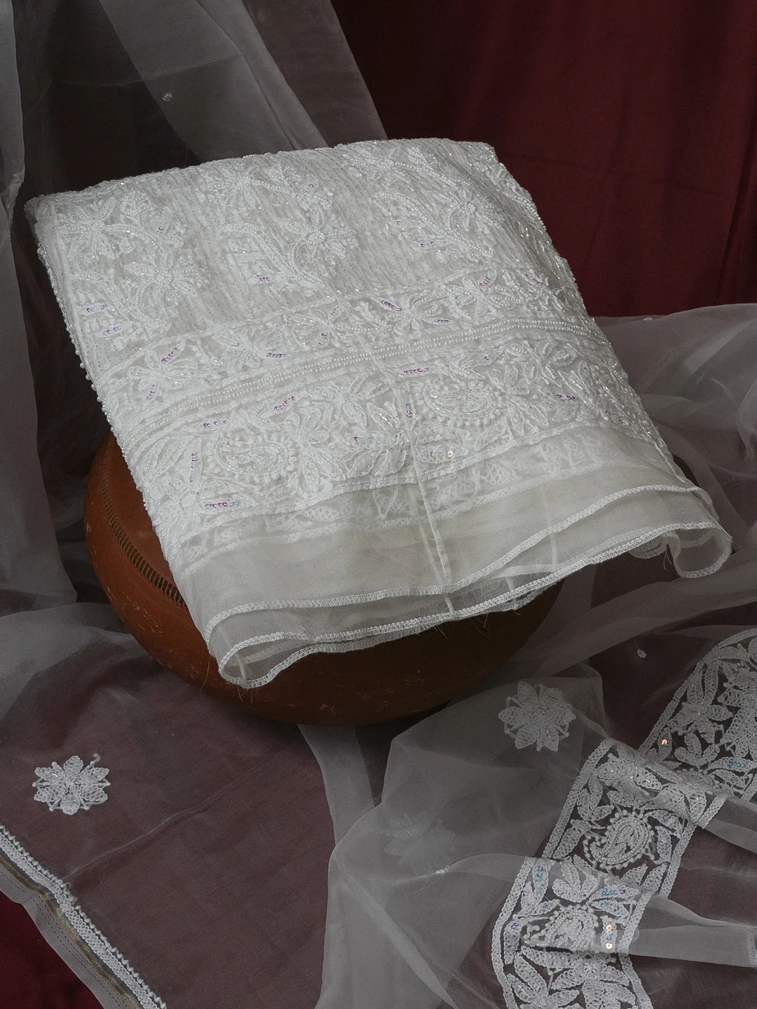 Ada Hand Embroidered Off White Organza Lucknowi Chikankari Semi-Stitched Anarkali Kurta Dupatta Set With Sequinned Work 01A561346