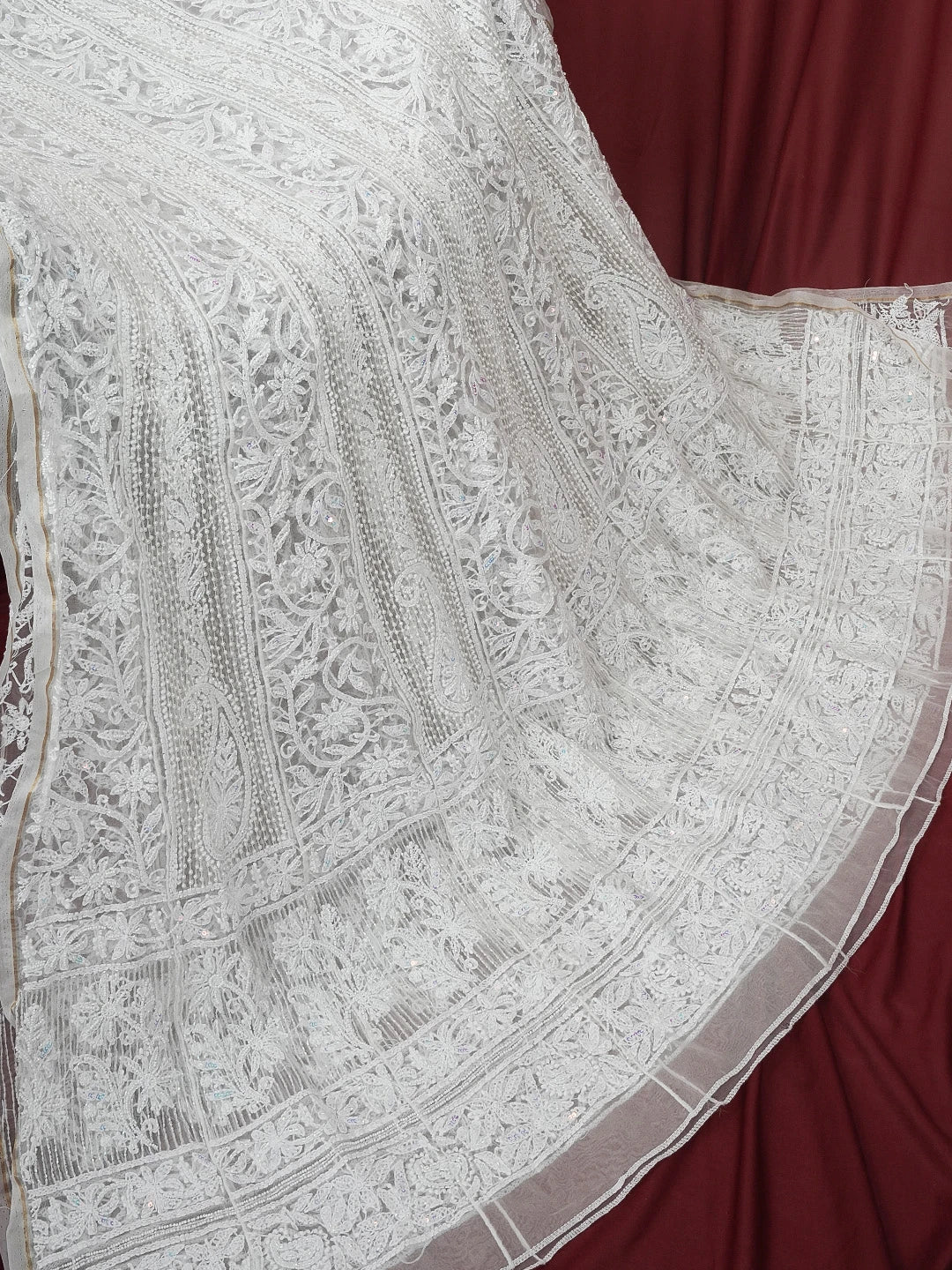 Ada Hand Embroidered Off White Organza Lucknowi Chikankari Semi-Stitched Anarkali Kurta Dupatta Set With Sequinned Work 01A561346