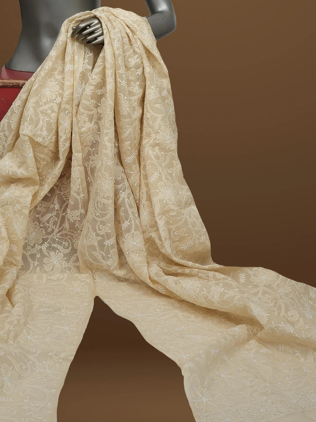 Ada Hand Embroidered Fawn Cotton Lucknowi Chikankari Dupatta 01A562375