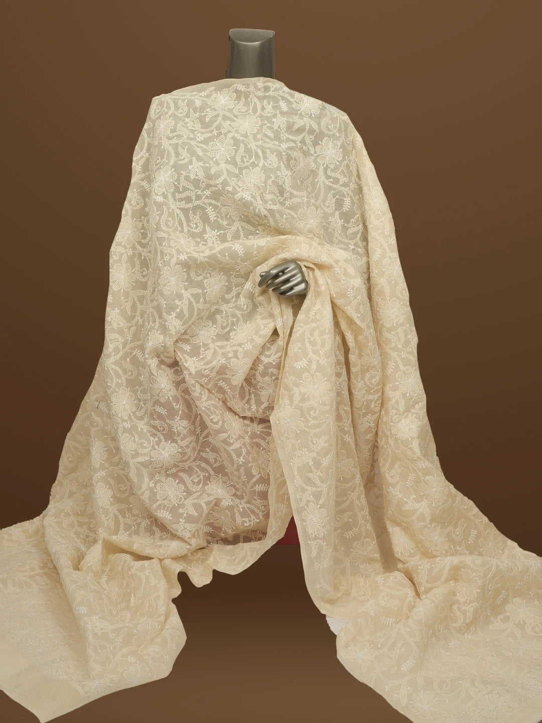 Ada Hand Embroidered Fawn Cotton Lucknowi Chikankari Dupatta 01A562375