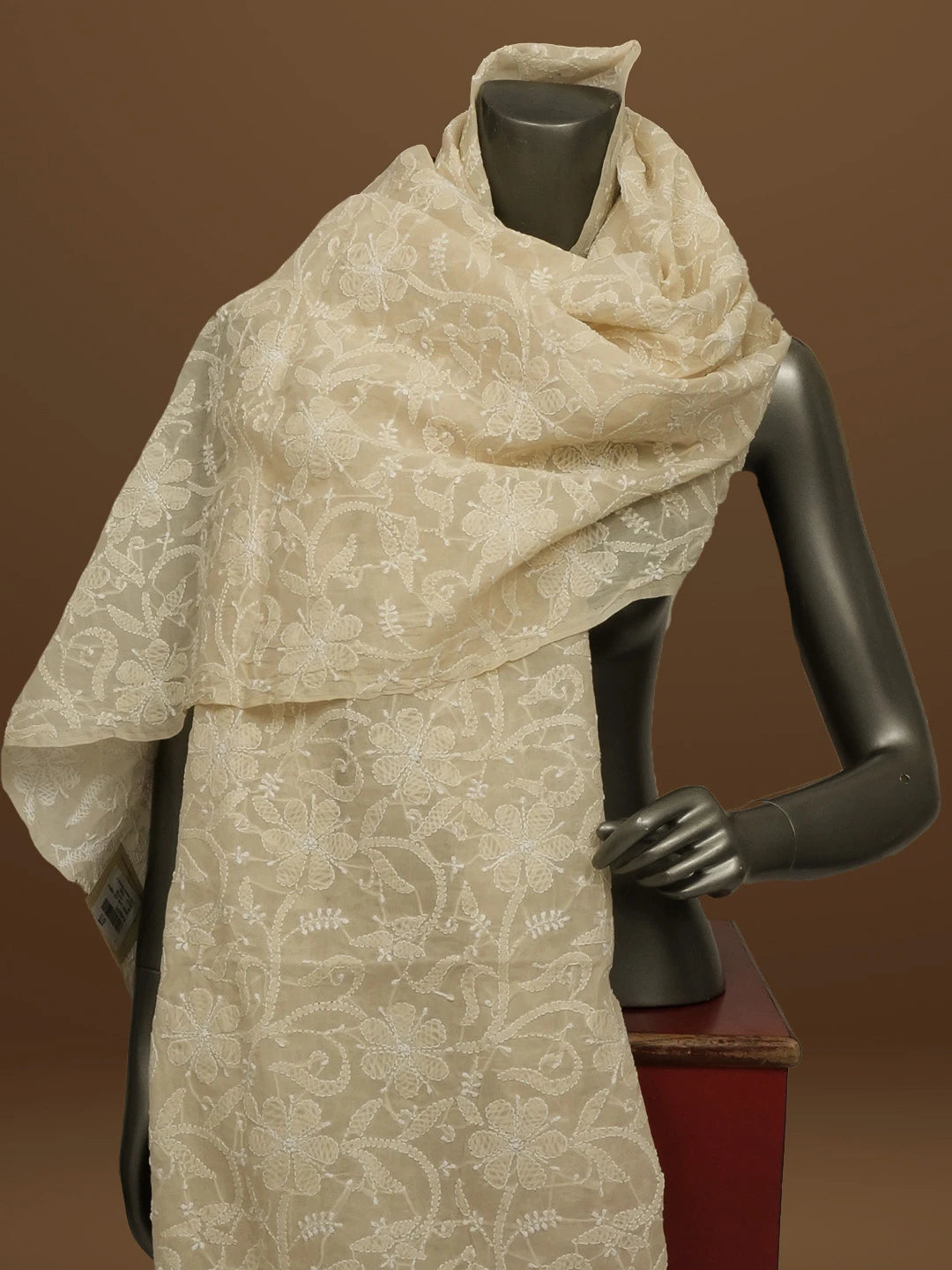 Ada Hand Embroidered Fawn Cotton Lucknowi Chikankari Dupatta 01A562375