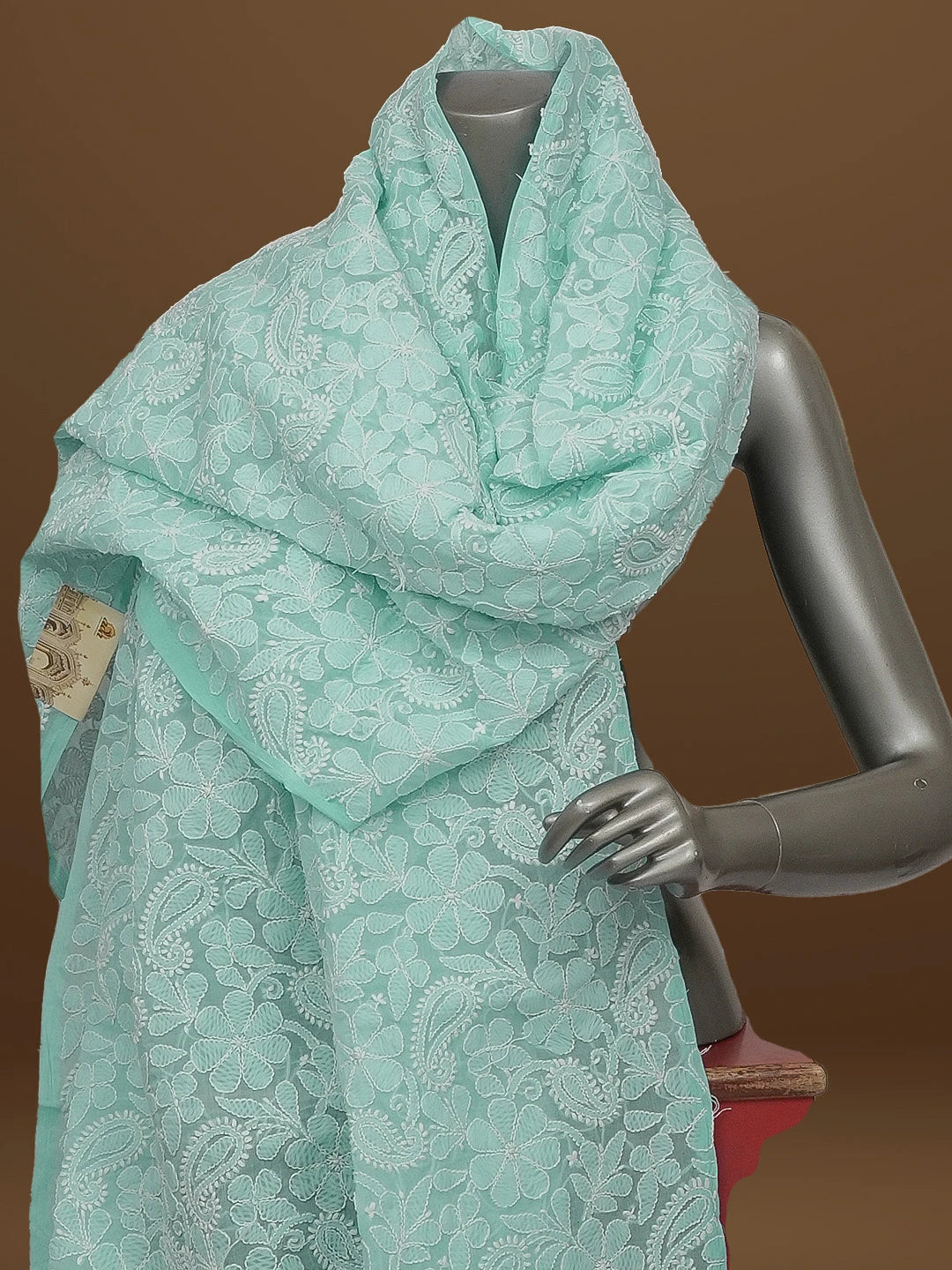 Ada Hand Embroidered Sky Blue Cotton Lucknowi Chikankari Dupatta 01A562385