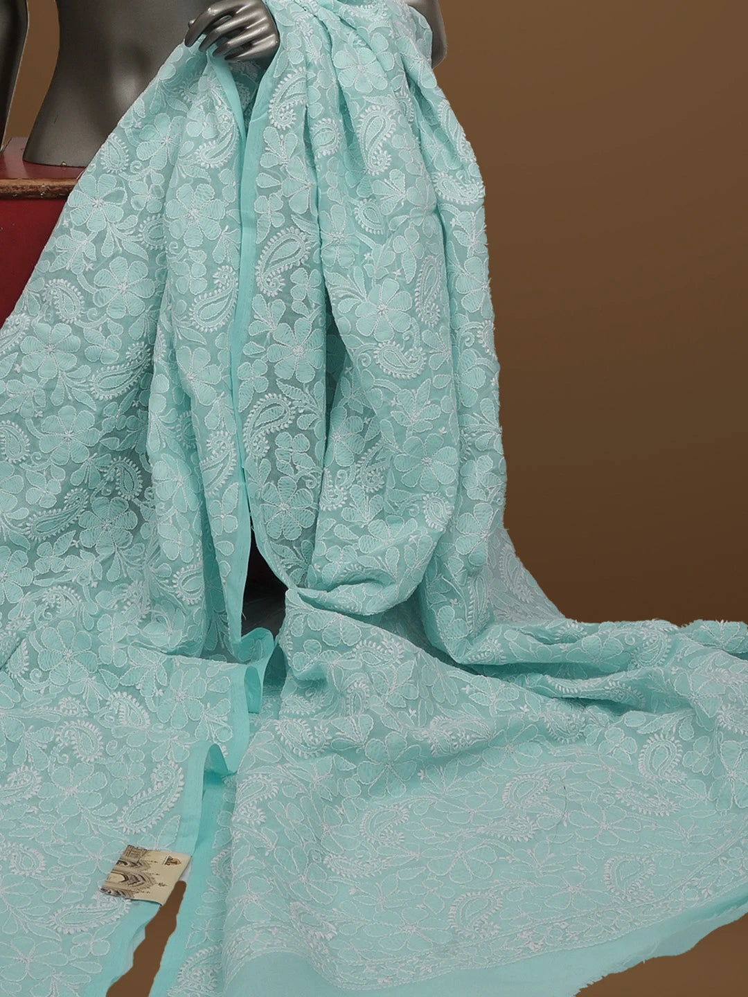 Ada Hand Embroidered Sky Blue Cotton Lucknowi Chikankari Dupatta 01A562385