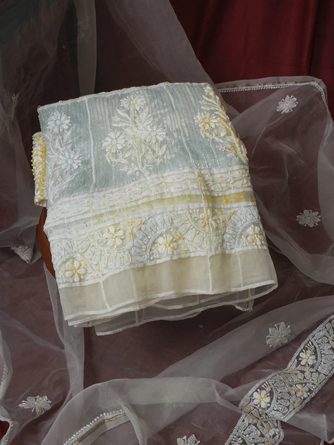 Ada Hand Embroidered Off White Organza Lucknowi Chikankari Semi-Stitched Anarkali Kurta Dupatta Set With Cutdana Work 01A561345