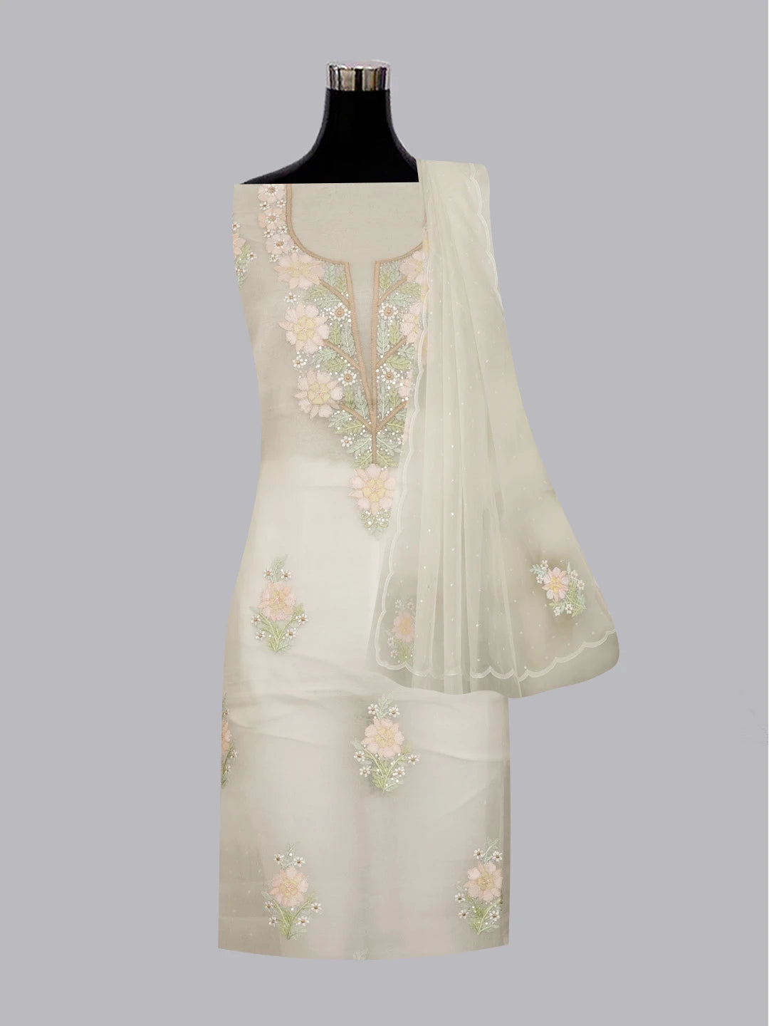 Ada Hand Embroidered Off White Organza Lucknowi Chikankari Unstitched Kurta Dupatta Set With Parsi Work 01A558261