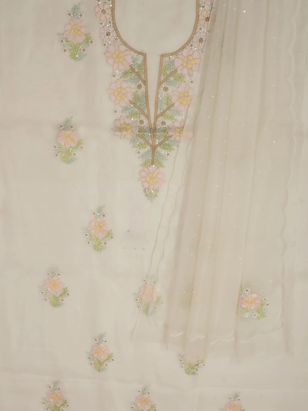 Ada Hand Embroidered Off White Organza Lucknowi Chikankari Unstitched Kurta Dupatta Set With Parsi Work 01A558261